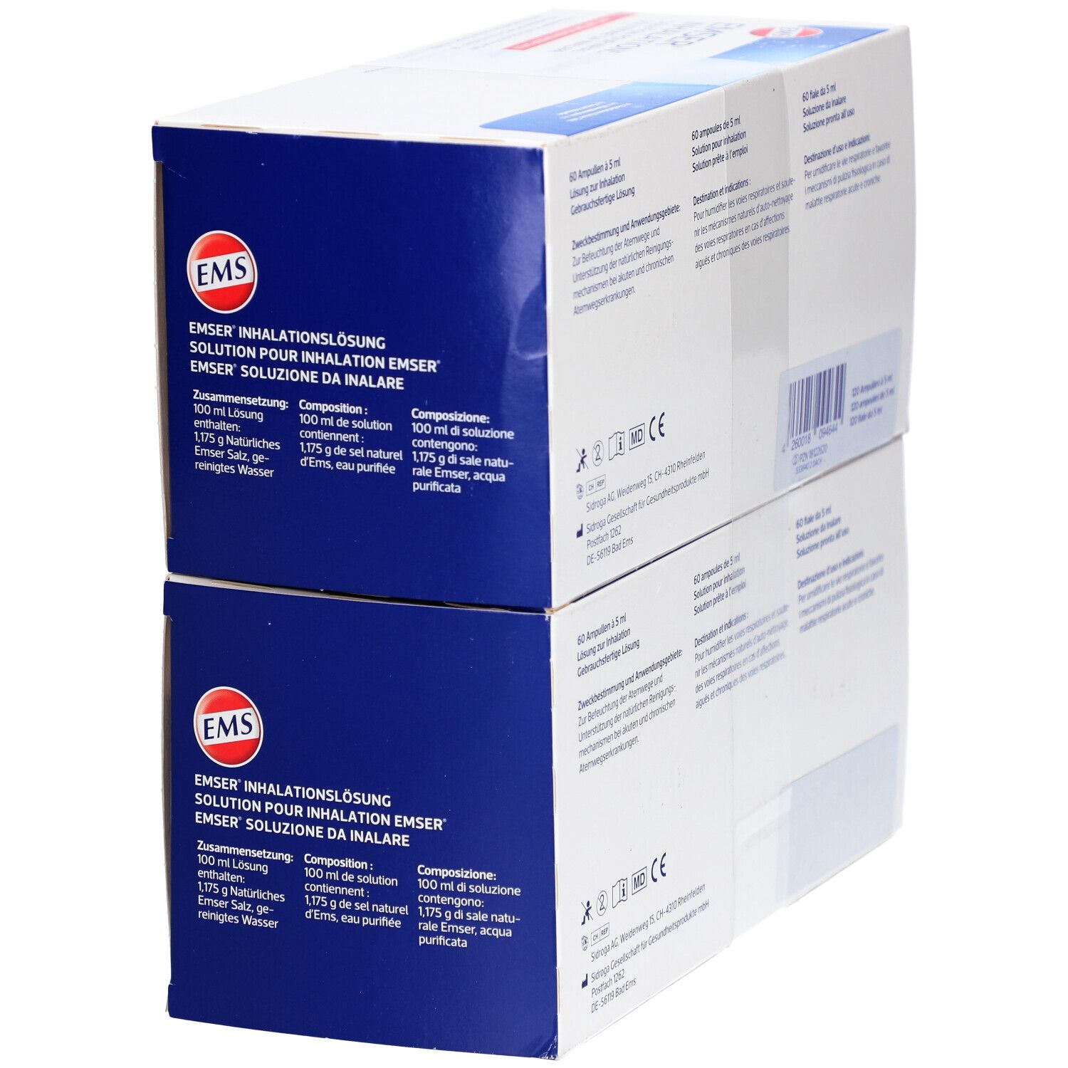 Twee gestapelde dozen EMSER inhalatieoplossing. Productnaam en logo. Bevat 100 ml oplossing.