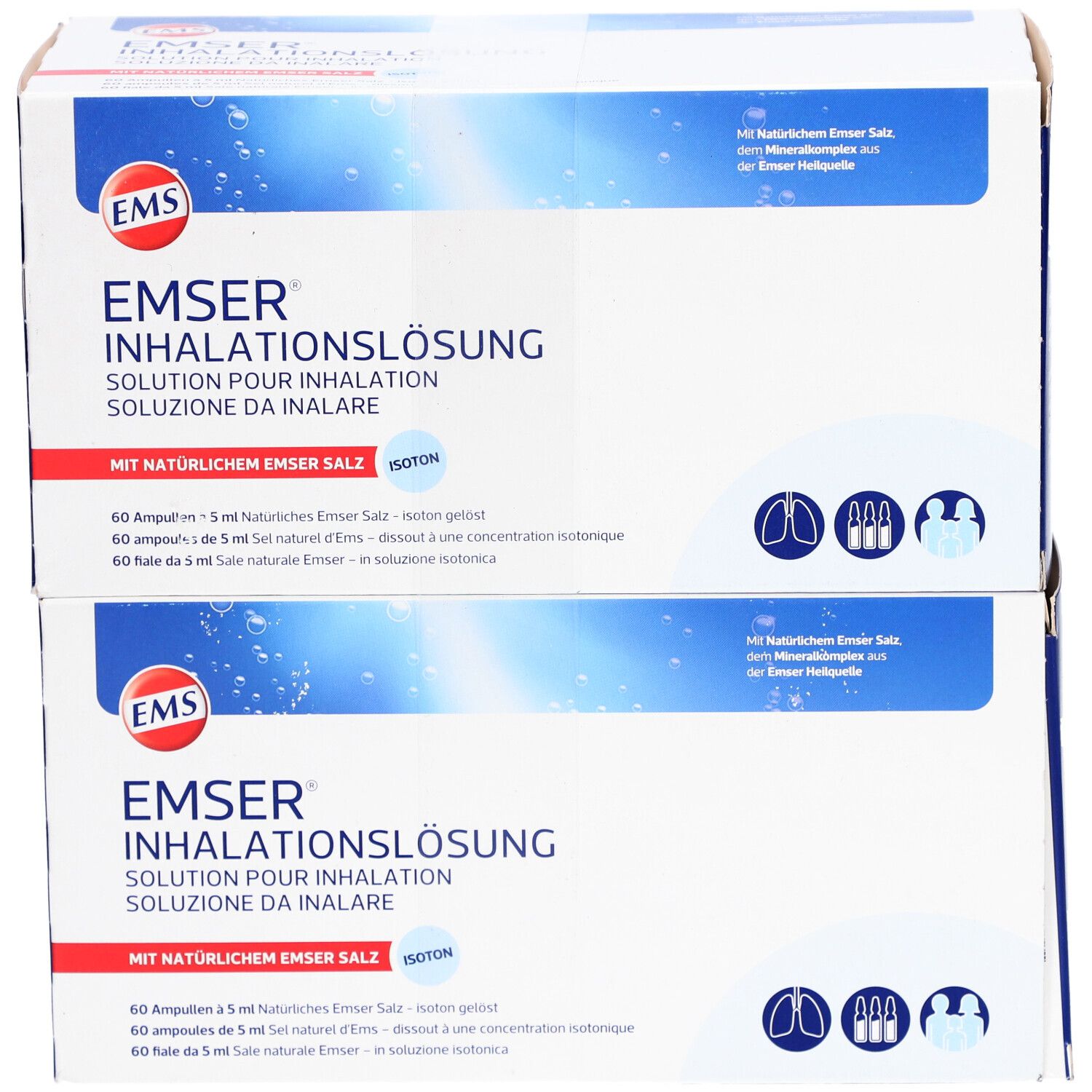 Twee dozen EMSER inhalatieoplossing. Blauw-witte verpakking. Productnaam en logo duidelijk zichtbaar.