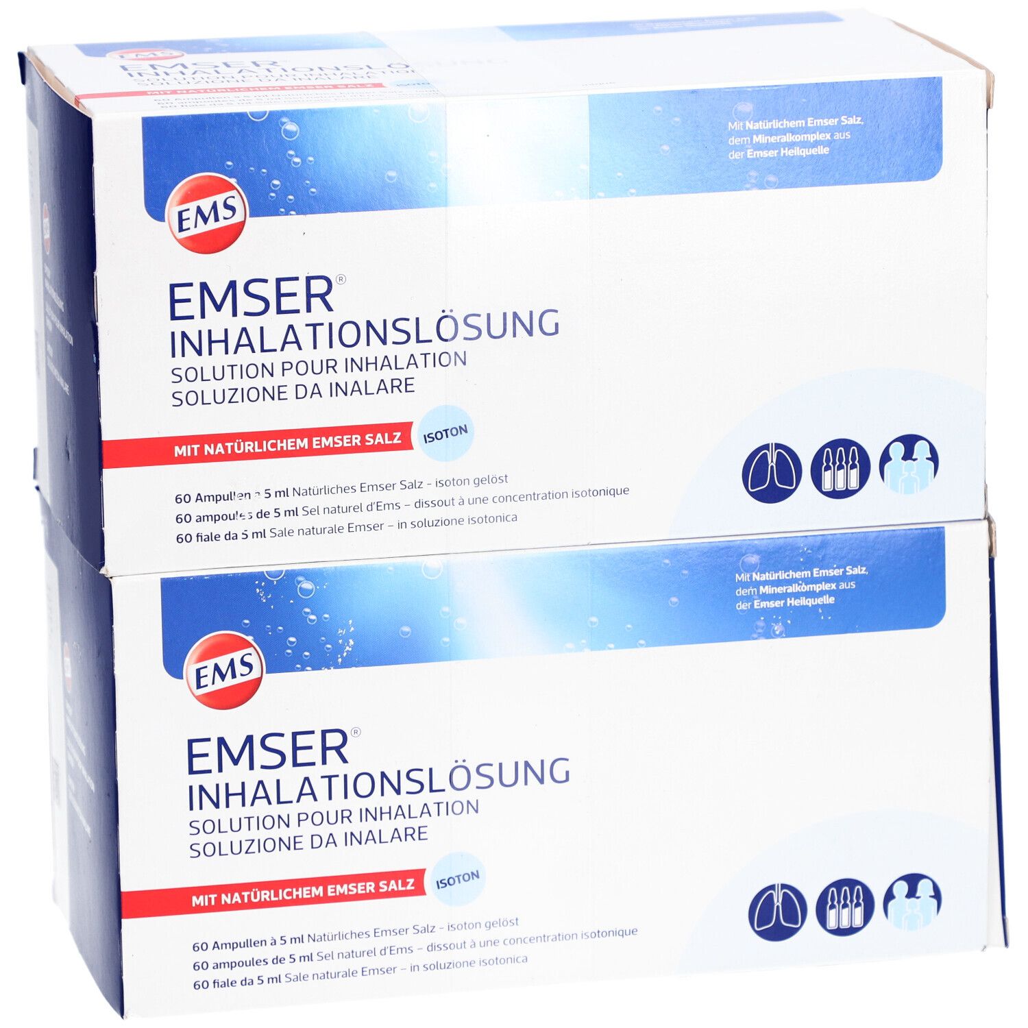 Twee dozen EMSER inhalatieoplossing. Blauw-witte verpakking. Productnaam en logo duidelijk zichtbaar.