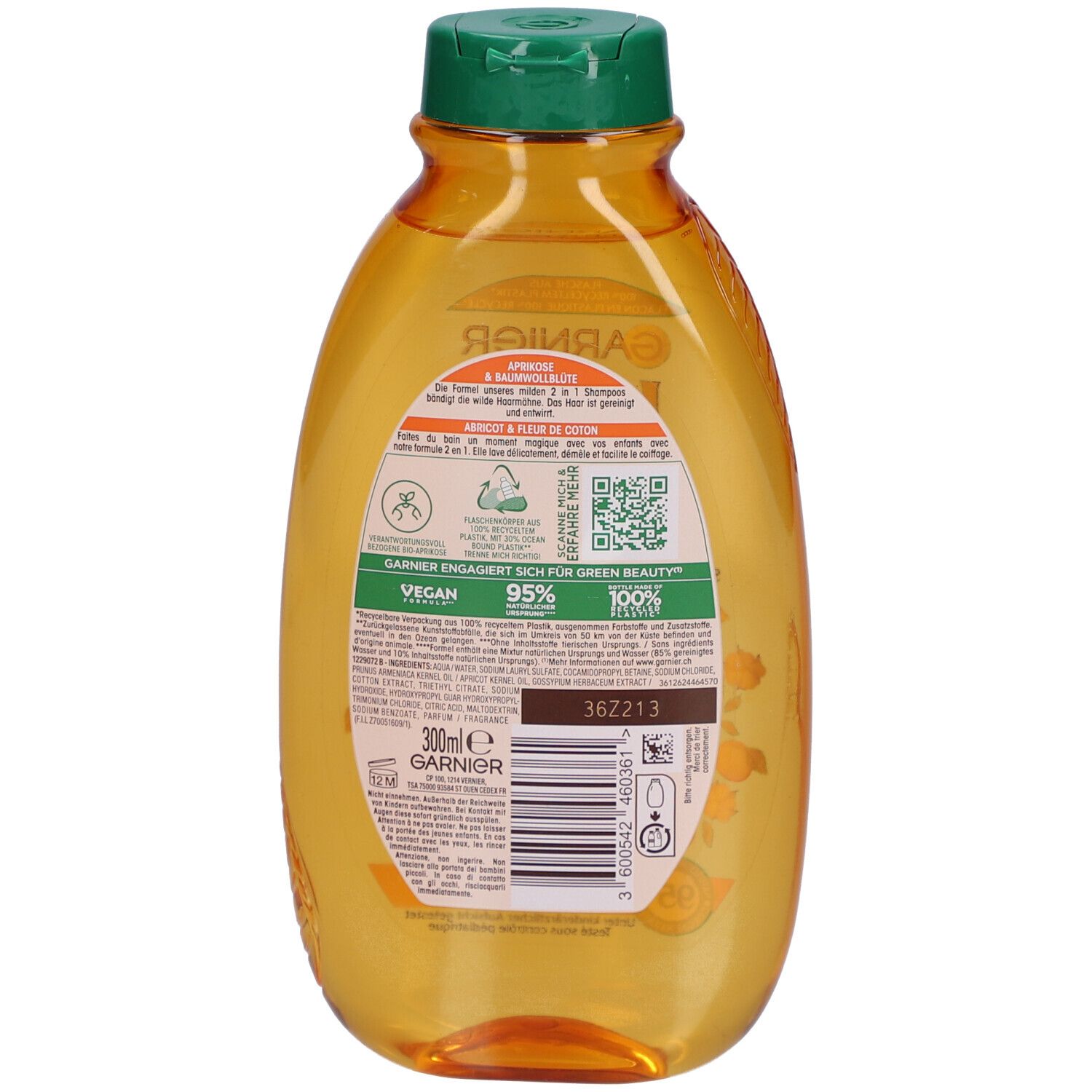 Dos de la bouteille de shampooing Garnier Ultra Doux Kids 2 en 1. Étiquette avec informations, QR code et code-barres.