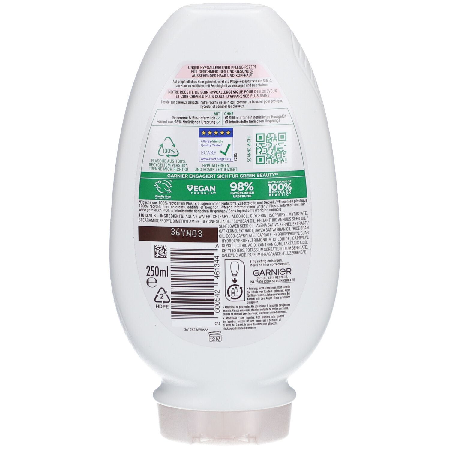 Dos du flacon blanc. Informations ingrédients, durabilité et certifications. Contenance 250ml.