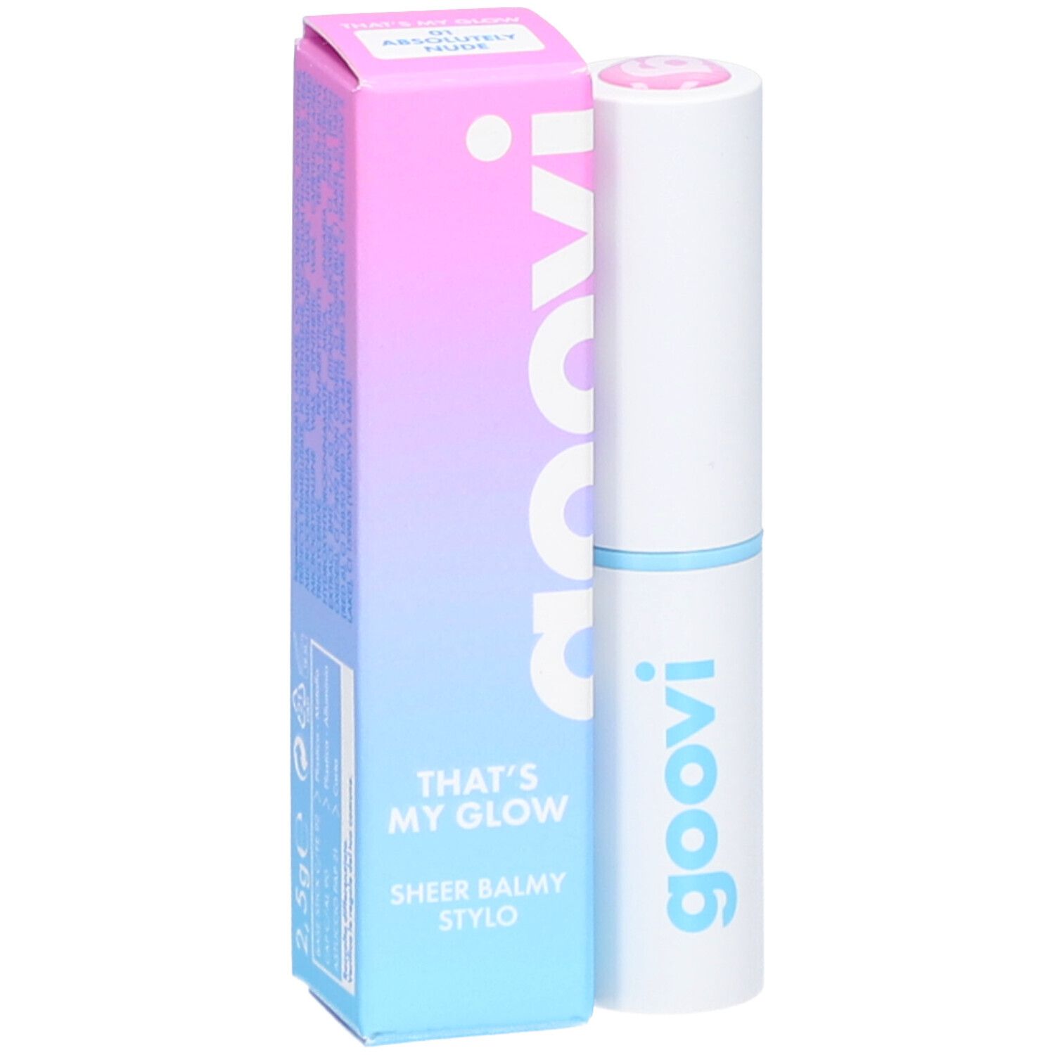 Goovi Sheer Balmy Stylo in witte huls met blauwe ring. Kartonnen verpakking met kleurverloop.