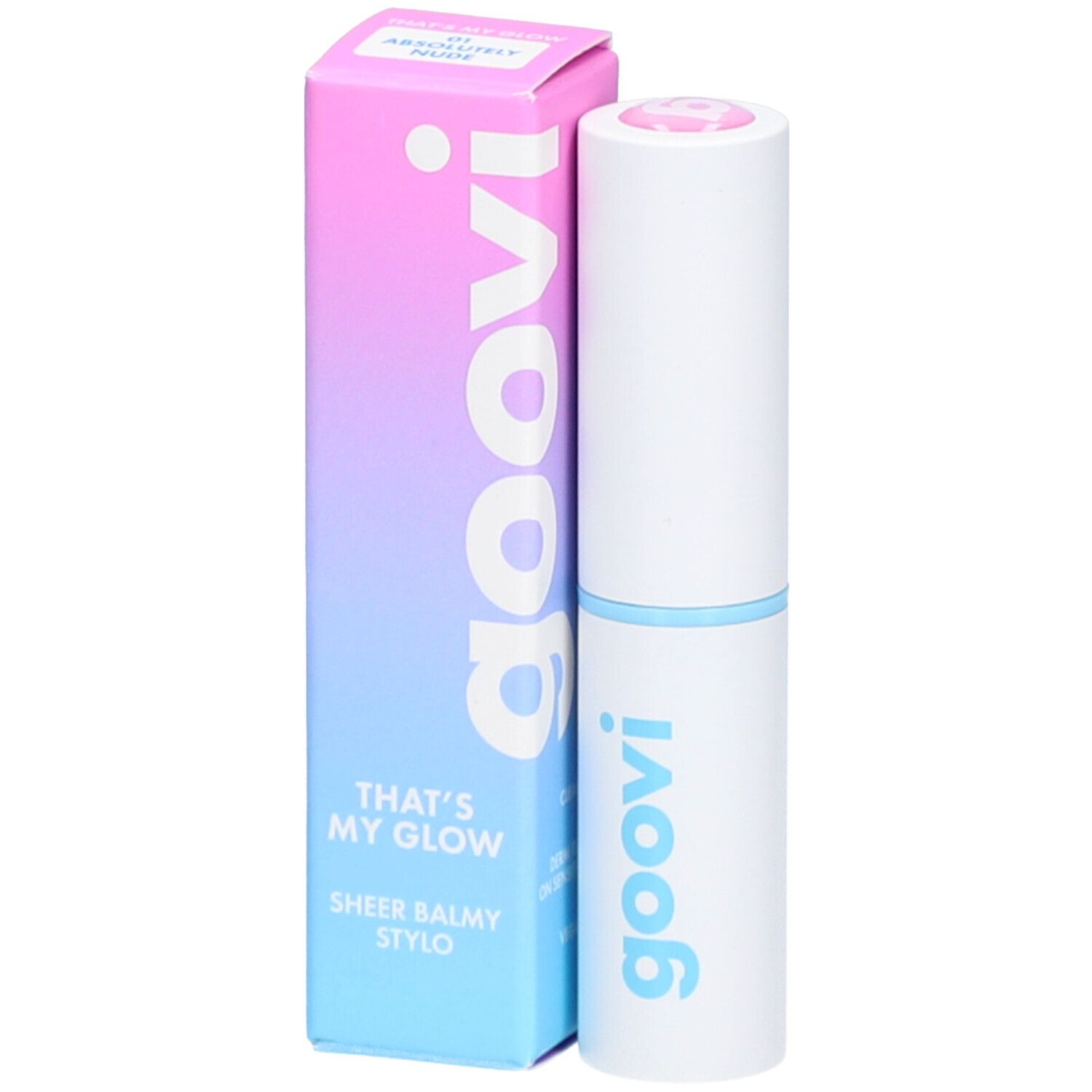 Goovi Sheer Balmy Stylo in witte huls met blauwe ring en roze dop. Doos met kleurverloop.