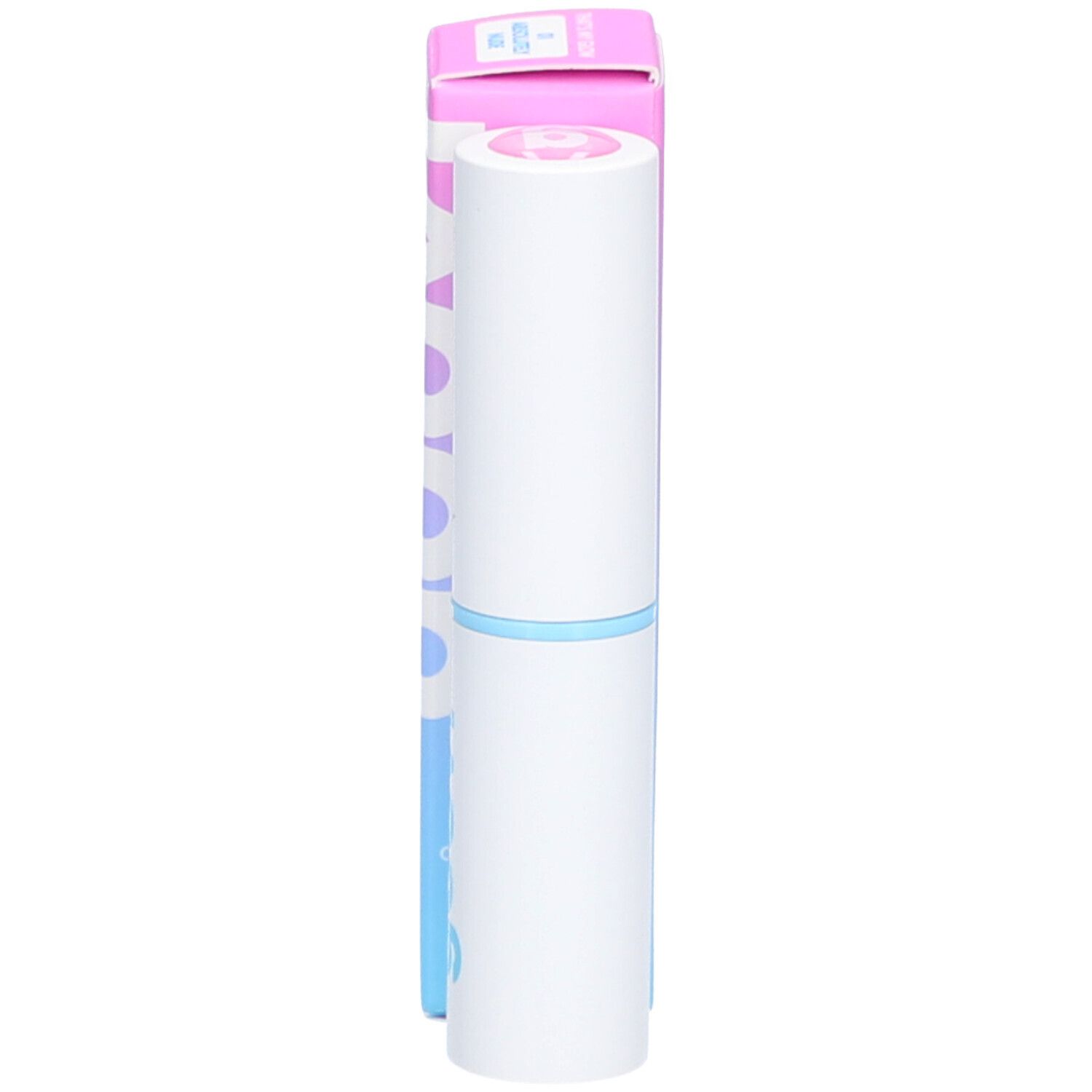 Witte stick met blauwe en roze verpakking, cirkelpatroon.