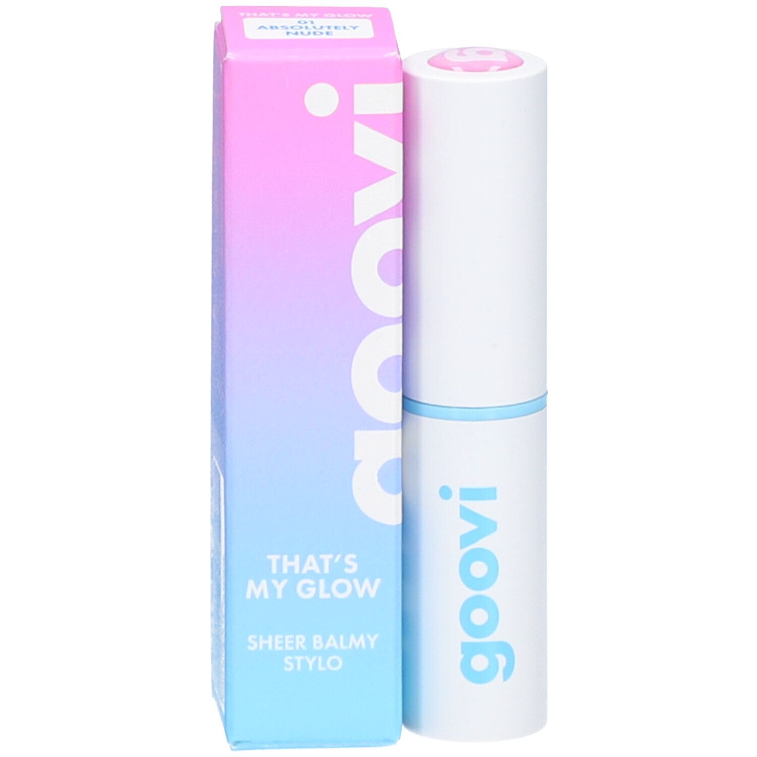 Goovi Sheer Balmy Stylo in witte huls met blauwe ring. Daarnaast de bijpassende verpakking met kleurverloop.
