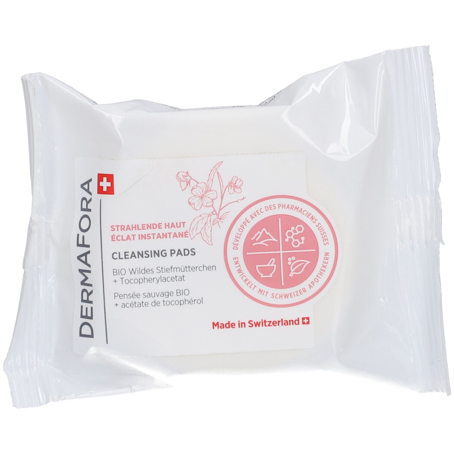 Pads nettoyants dans un emballage transparent. Impression avec nom du produit, logo et ingrédients. Qualité suisse.