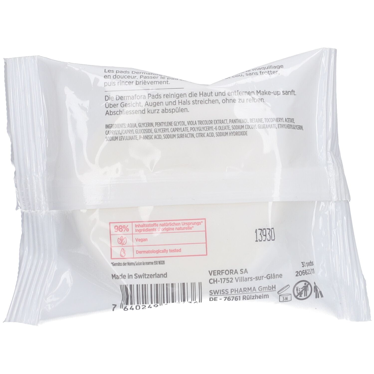 Dos de l'emballage des pads nettoyants. Texte avec ingrédients et informations. Sceau pour végétalien et testé dermatologiquement.