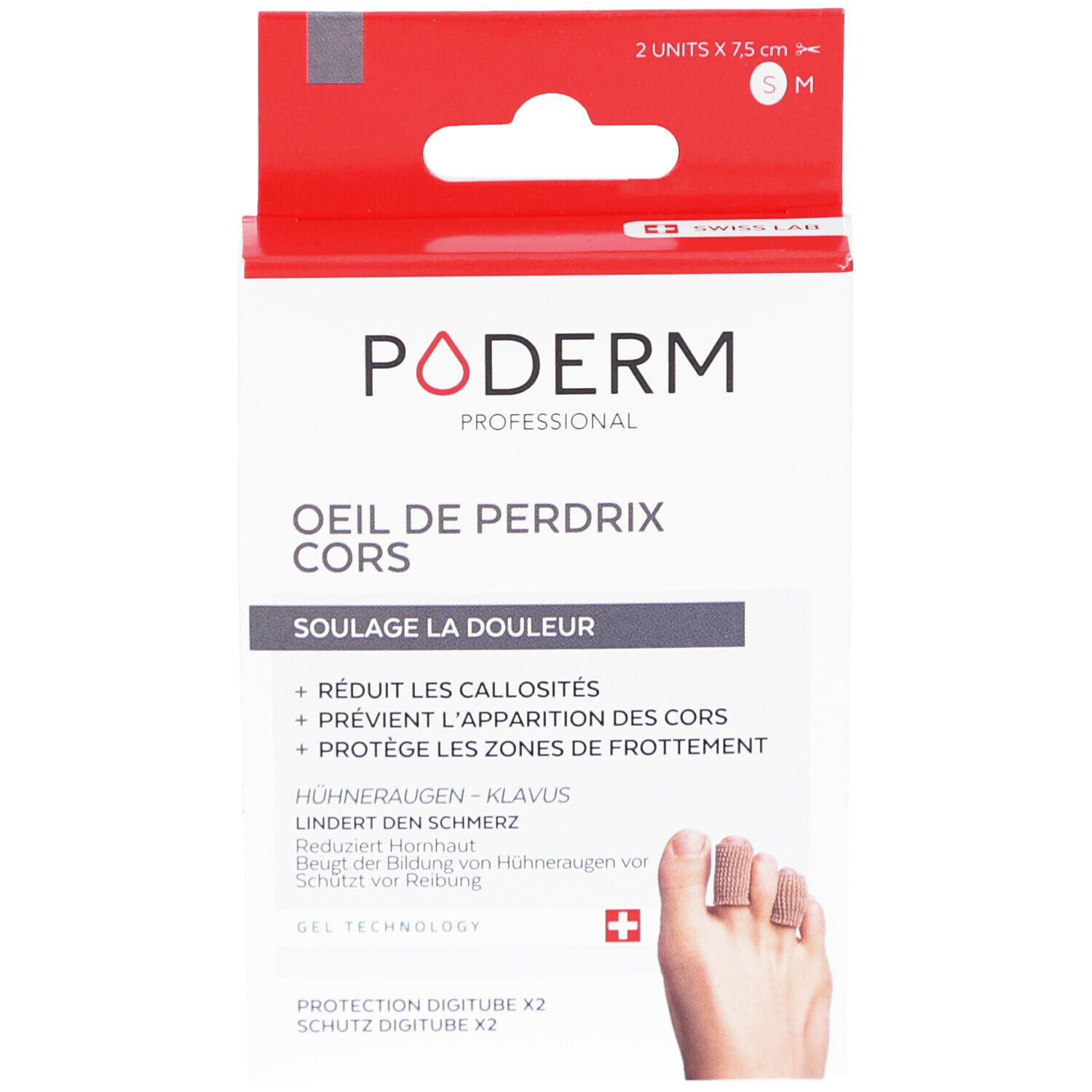 Boîte PODERM PROF. Contient 2 protections pour orteils. Inscription: Oeil de Perdrix Cors. Swiss Lab.