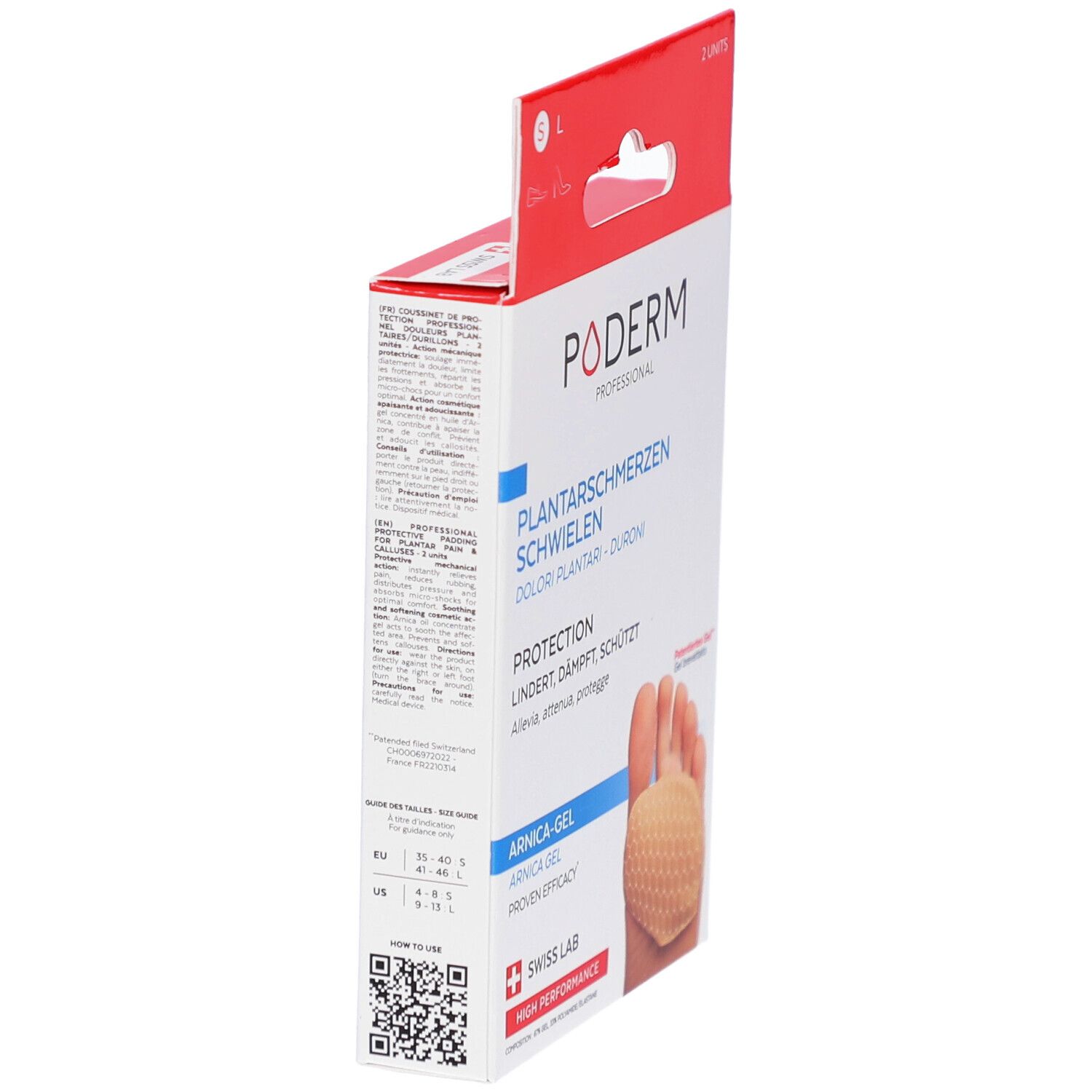 Vue latérale de la boîte PODERM. Texte: Douleurs plantaires, durillons, protection, gel à l'arnica. Swiss Lab. Tailles.