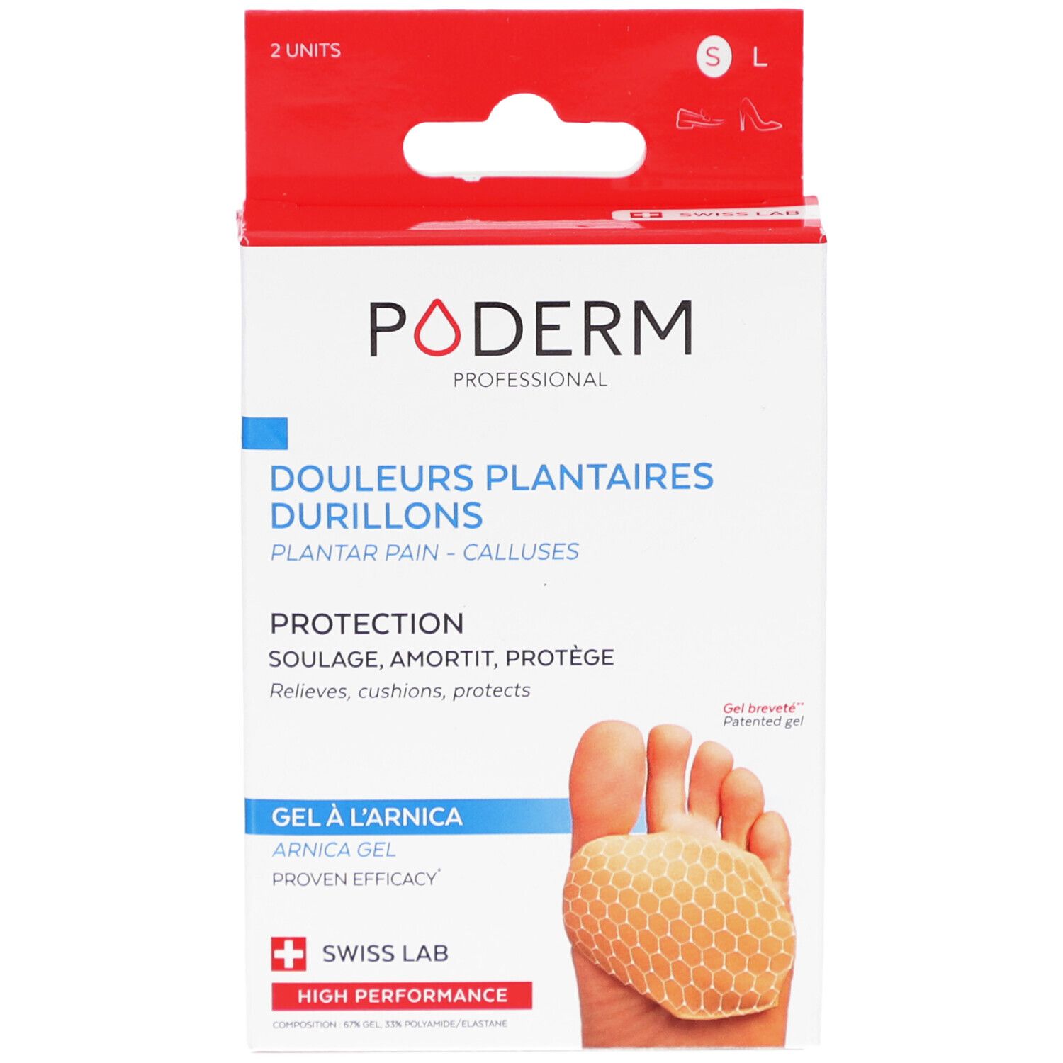 Boîte de 2 coussinets plantaires PODERM. Texte: Douleurs, durillons, protection, gel à l'arnica. Swiss Lab. S/L.