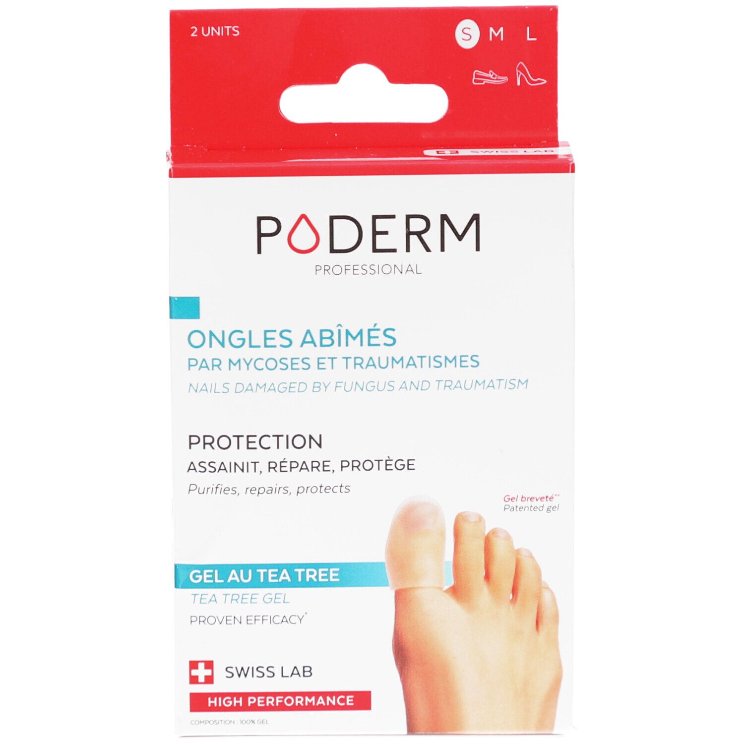 Boîte PODERM PROF. Texte: Ongles abîmés, Protection, Gel au Tea Tree. Swiss Lab. 2 unités.