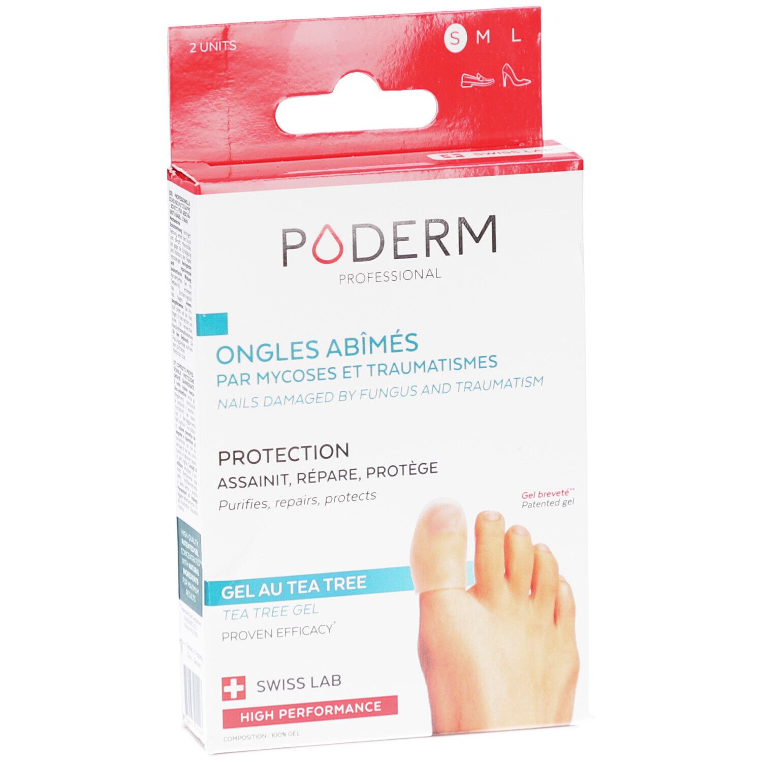Boîte PODERM PROF. Texte: Ongles abîmés, Protection, Gel au Tea Tree. Swiss Lab. 2 unités.