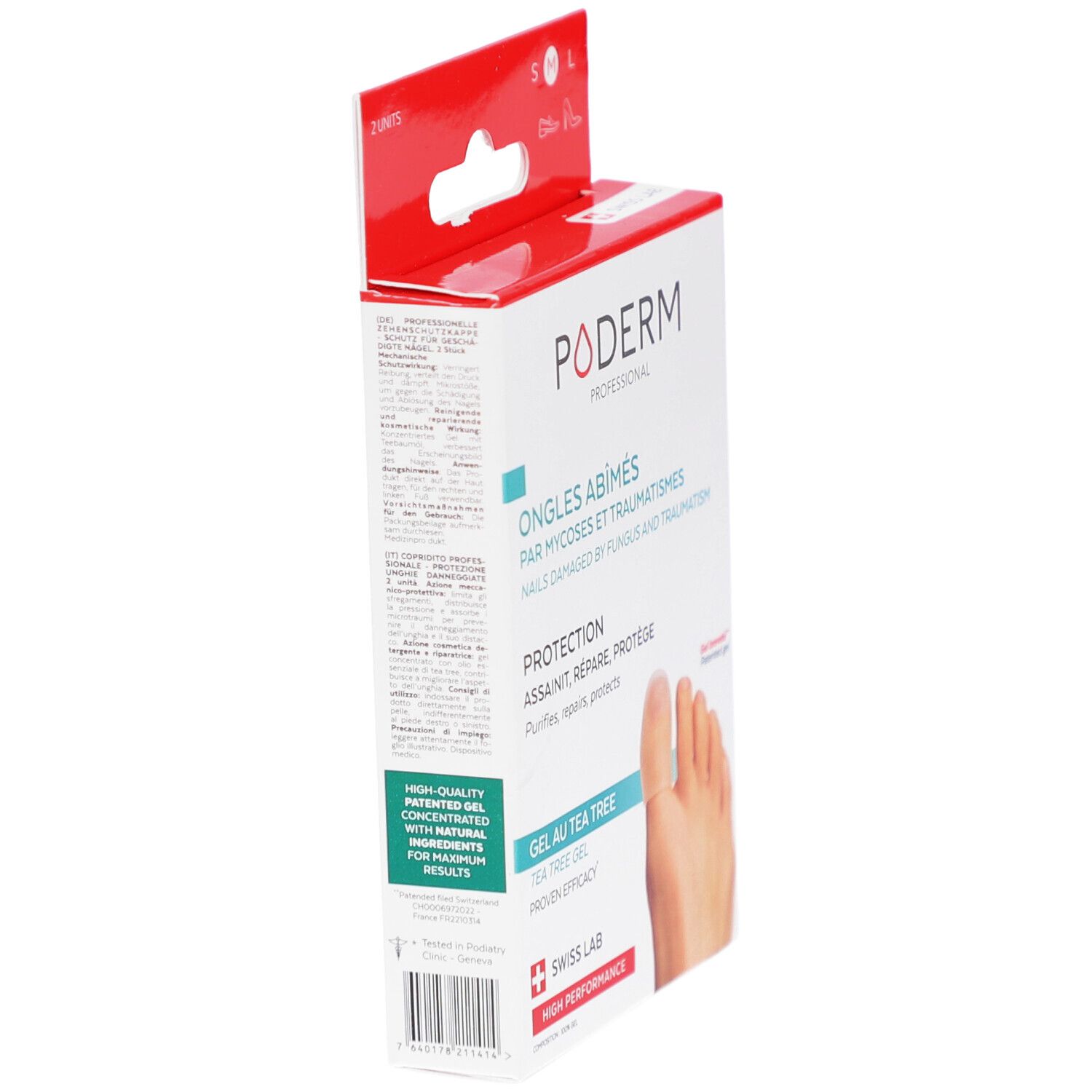 Zijaanzicht van de verpakking. PODERM, Ongles abîmés, Gel au Tea Tree. Swiss Lab logo. Voet-illustratie.