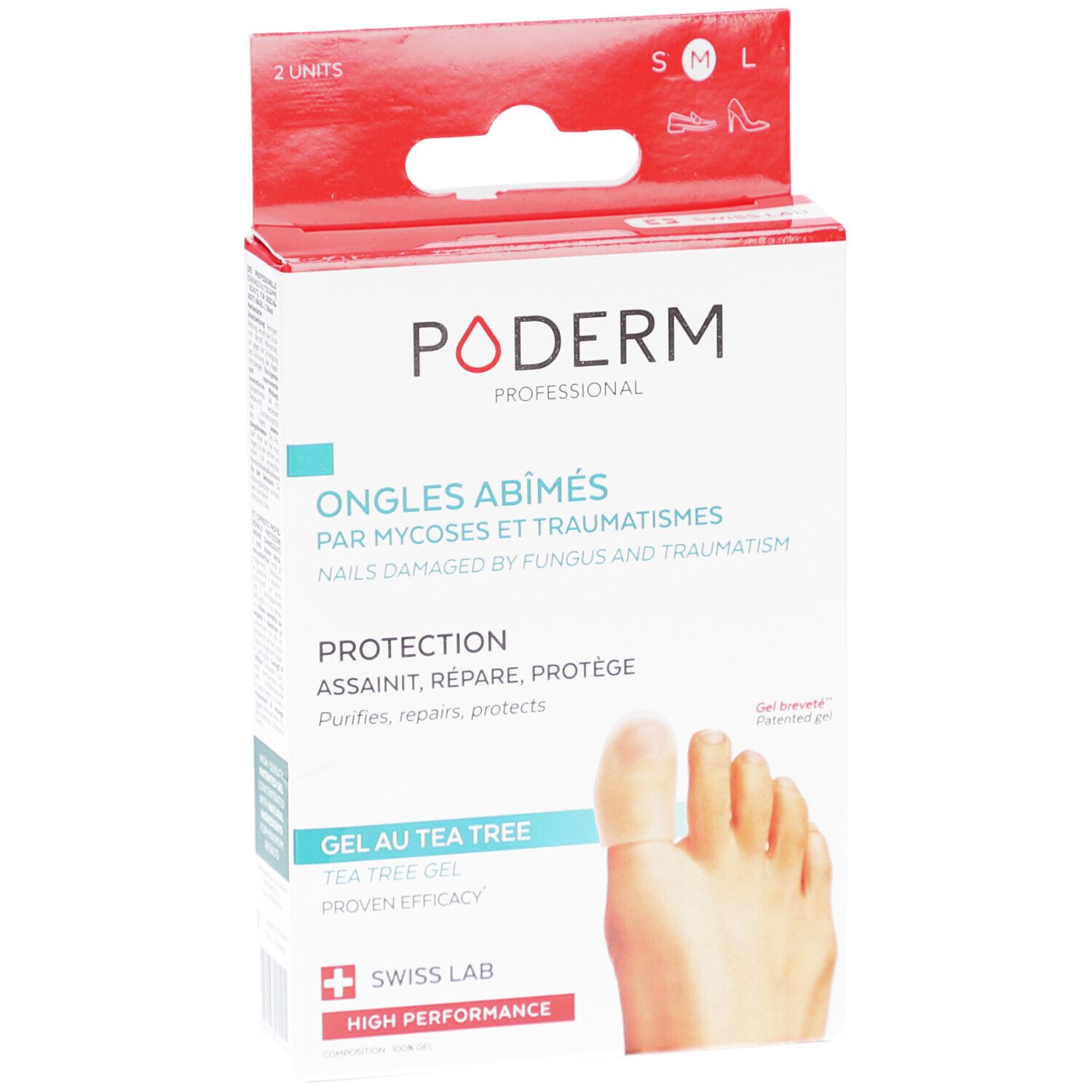 Verpakking met PODERM, Ongles abîmés, Gel au Tea Tree. Swiss Lab logo. Voet met gel-applicator. Maat M, 2 stuks.