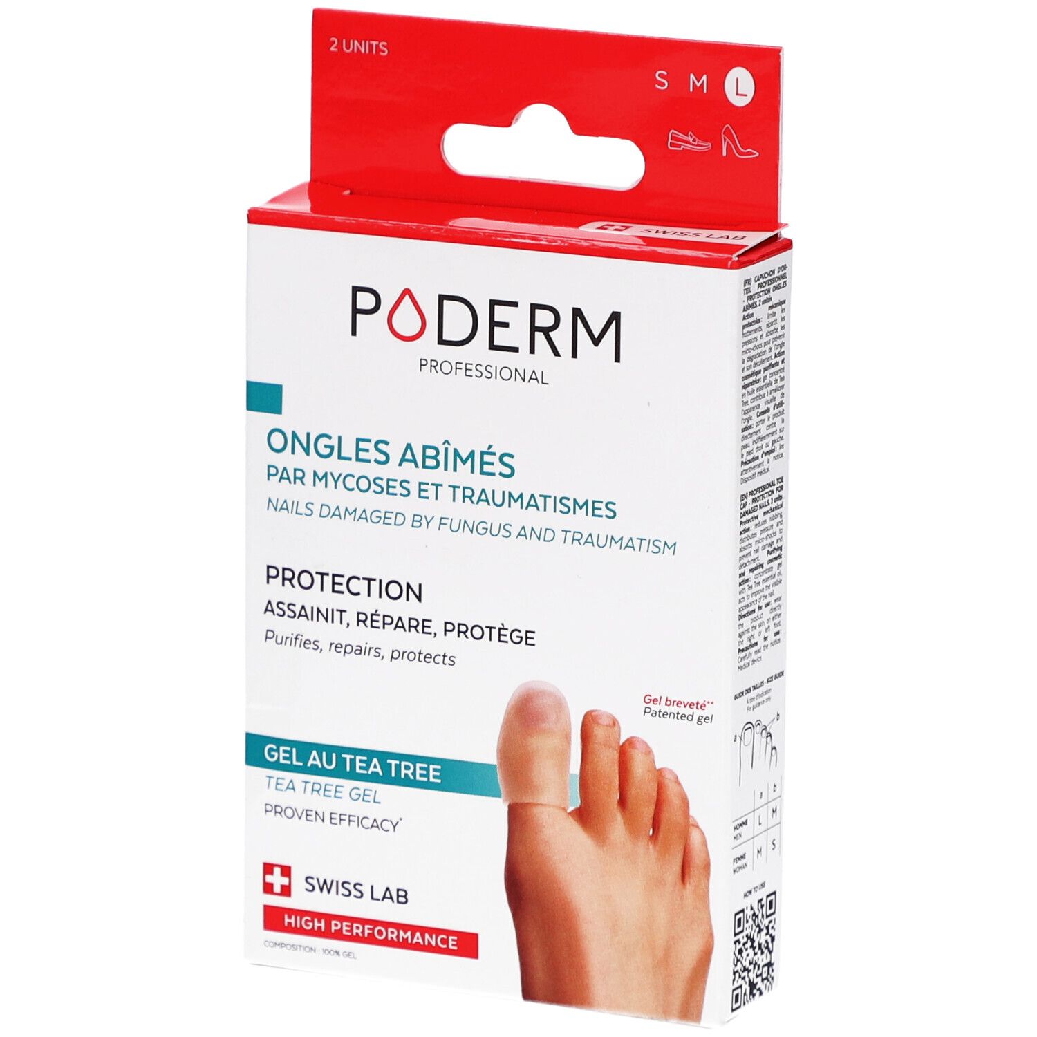 Boîte Poderm, 2 unités, taille L. Texte: Ongles abîmés, Gel au Tea Tree, Swiss Lab. Protection pour ongles abîmés.