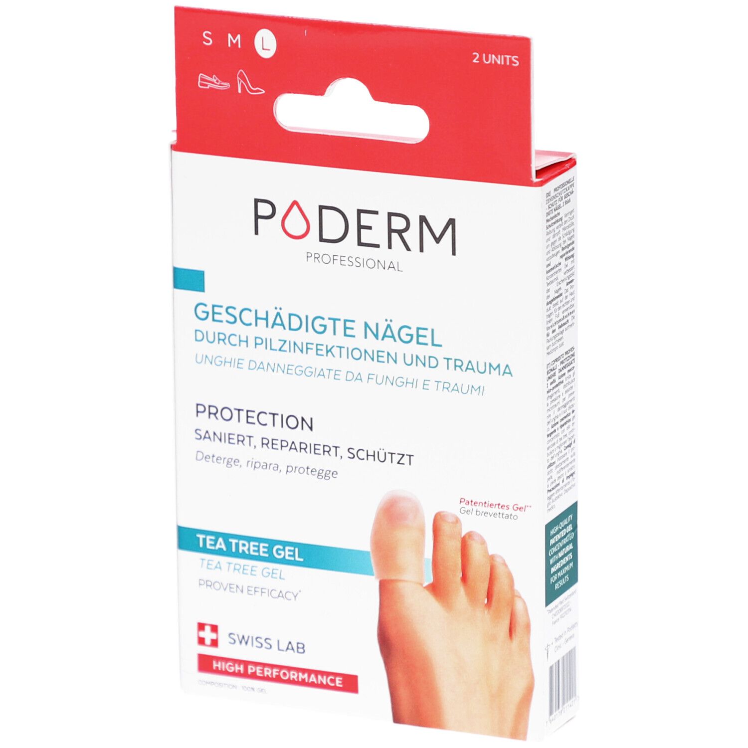 Boîte Poderm. Texte: Ongles abîmés, Gel au Tea Tree, Swiss Lab. Taille L, 2 unités. Protection ongles.