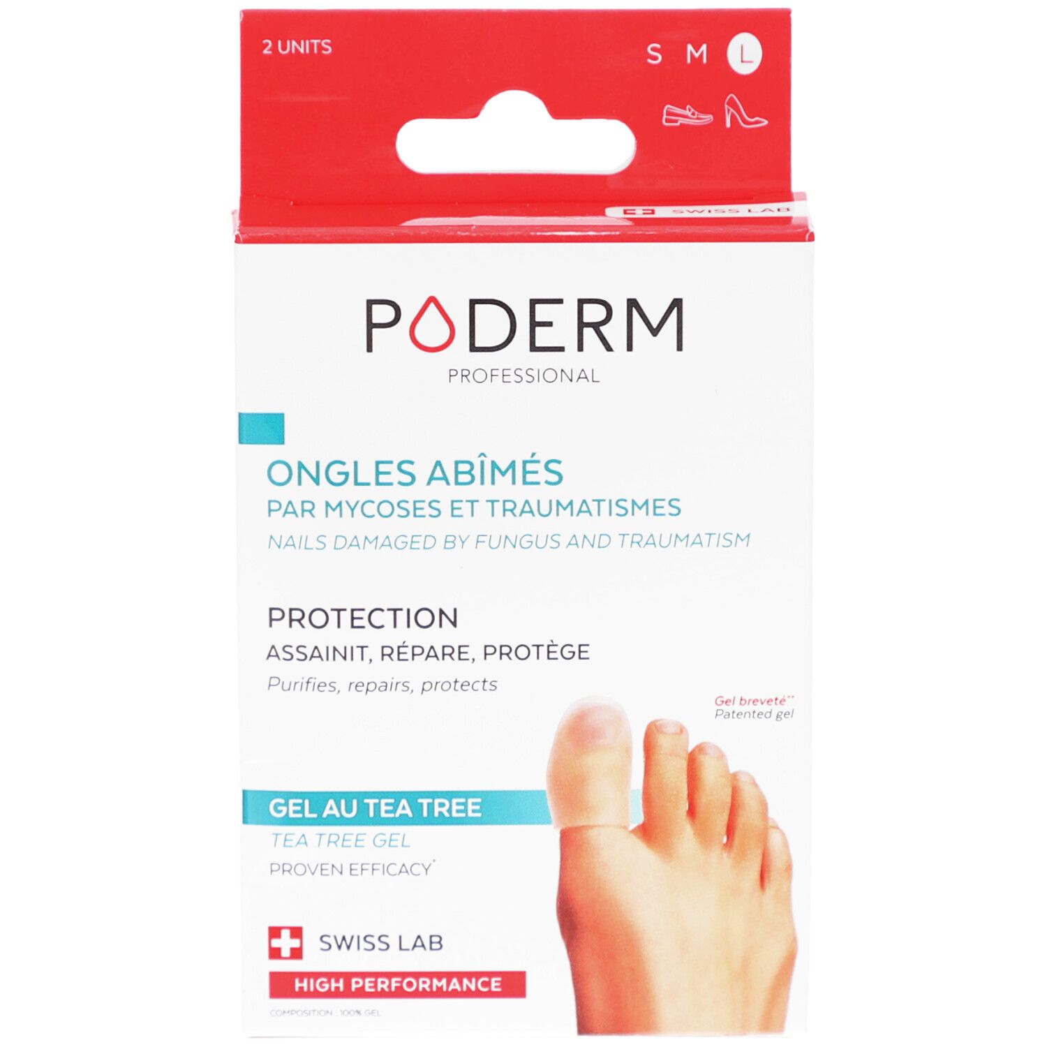 Boîte Poderm. Texte: Ongles abîmés, Gel au Tea Tree, Swiss Lab. Taille L, 2 unités. Protection ongles.