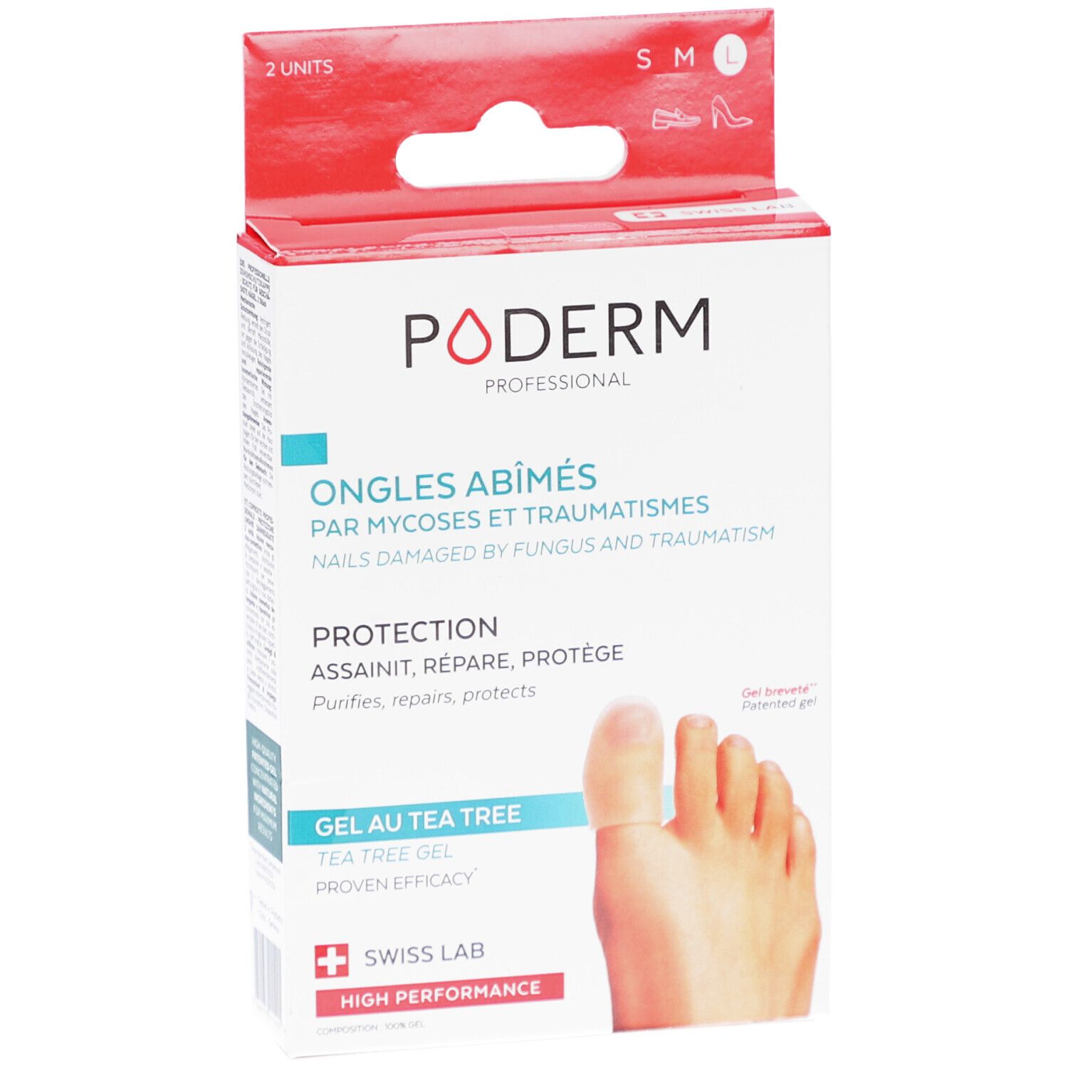 Boîte Poderm. Texte: Ongles abîmés, Gel au Tea Tree, Swiss Lab. Taille L, 2 unités. Protection ongles.