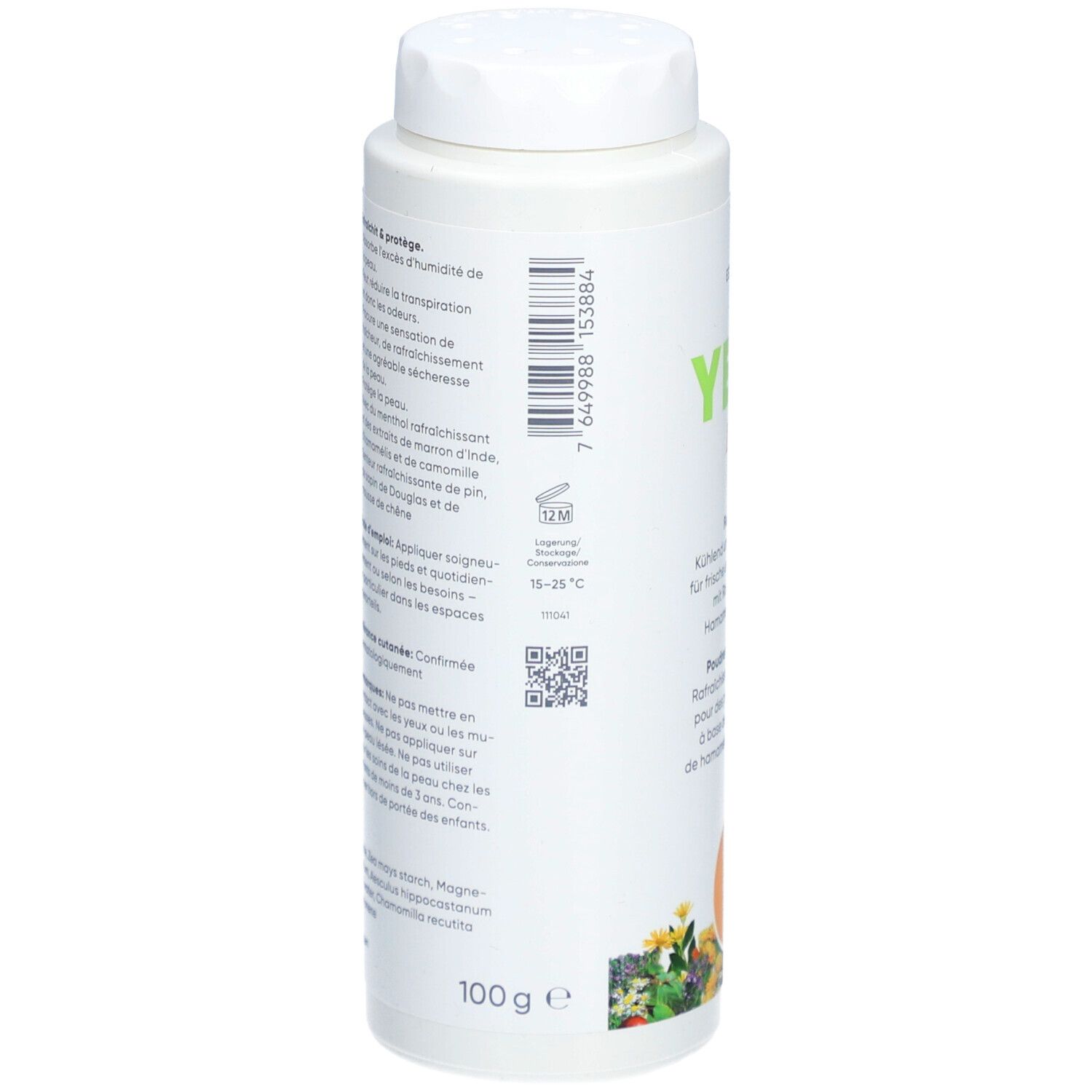 Boîte blanche YEGI Deo poudre pour les pieds. Dos avec texte, code-barres, QR code et indication 100g. Croix suisse.