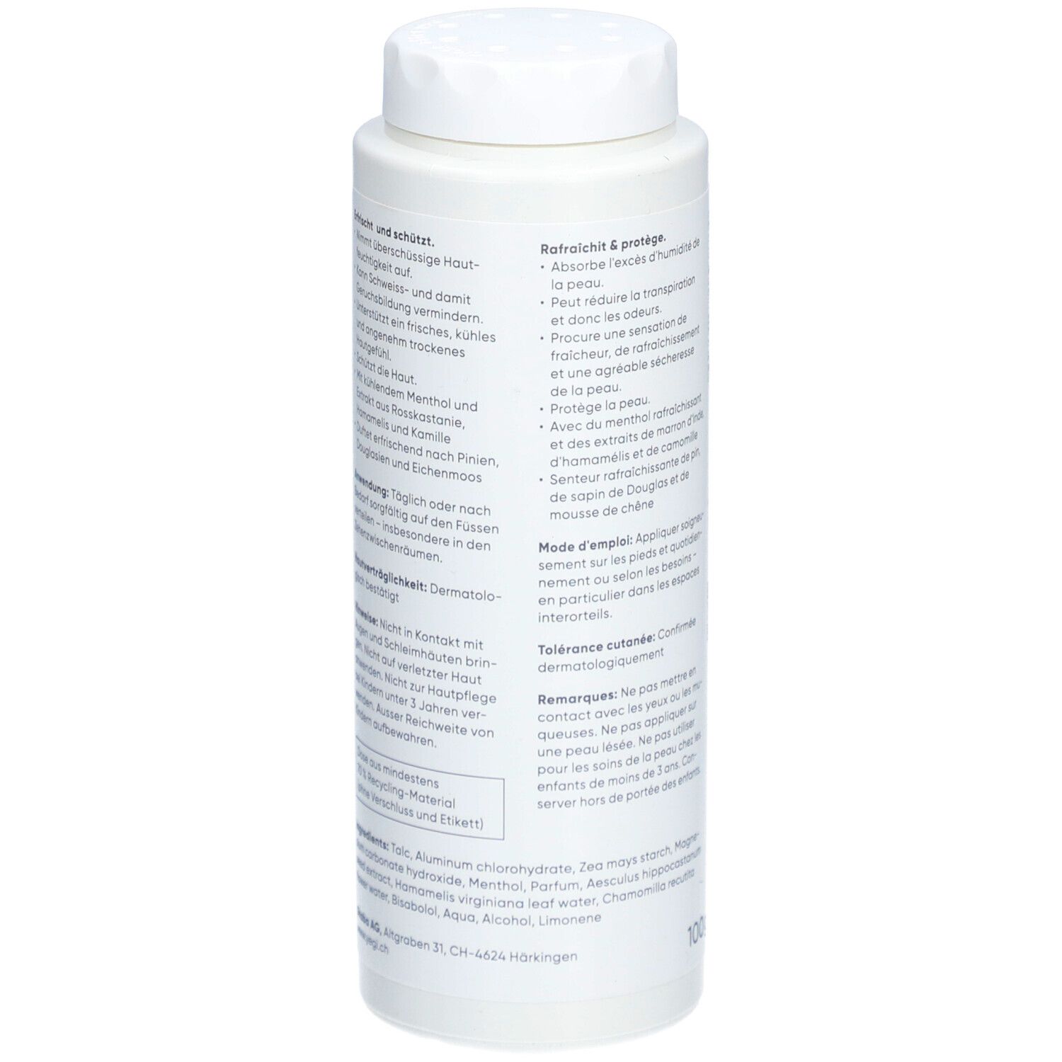 Boîte blanche YEGI Deo poudre pour les pieds. Dos avec texte sur ingrédients et utilisation. Testé dermatologiquement.