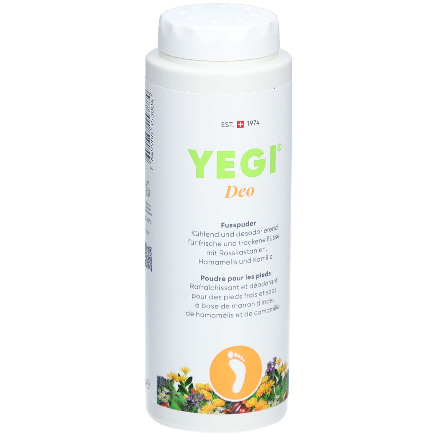 Boîte blanche YEGI Deo poudre pour les pieds. Face avant avec nom du produit, texte et symbole d'empreinte de pied. Croix suisse.