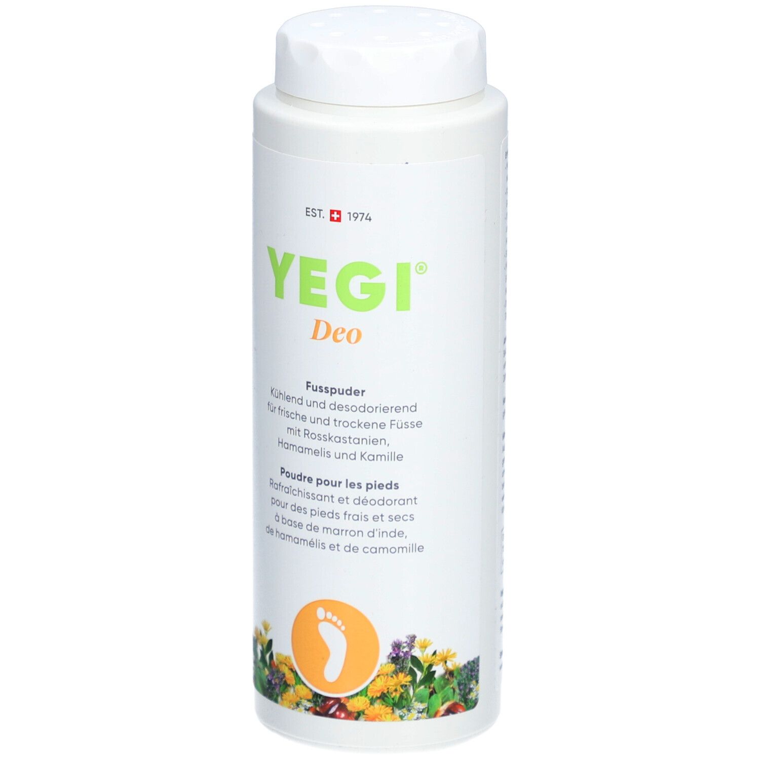 Boîte blanche YEGI Deo poudre pour les pieds. Face avant avec nom du produit, texte et symbole d'empreinte de pied. Croix suisse.