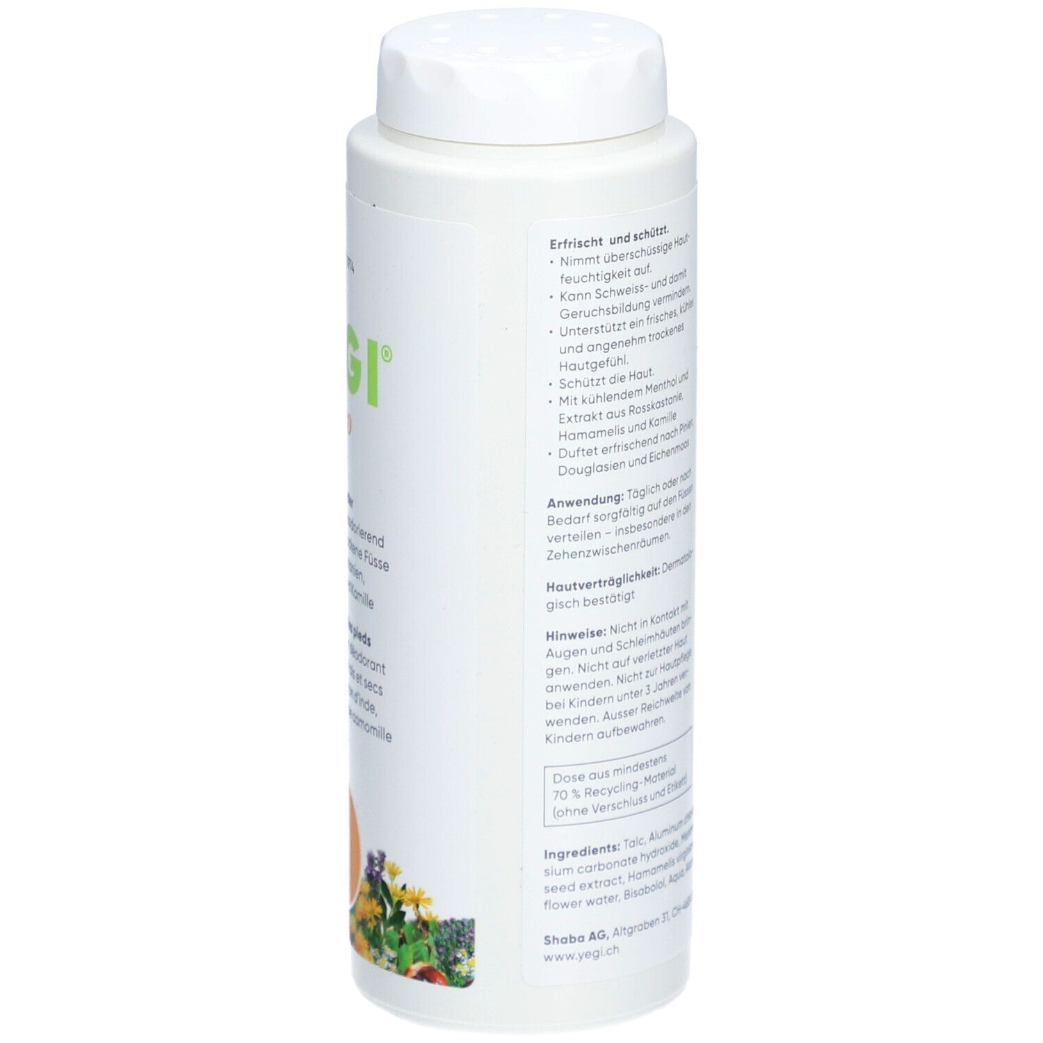 Boîte blanche YEGI Deo poudre pour les pieds. Dos avec texte sur effets et ingrédients. Symbole 10% recyclé.