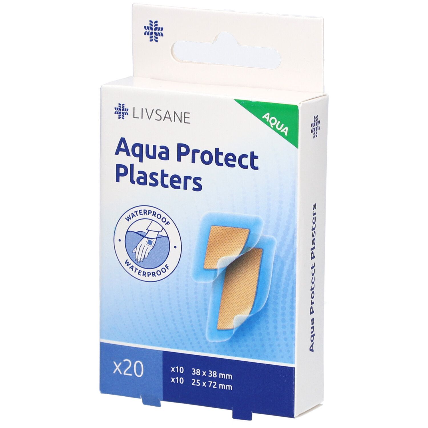 Boîte de pansements LIVSANE Aqua Protect. 20 pièces. Tailles : 38x38mm et 25x72mm. Résistant à l'eau.