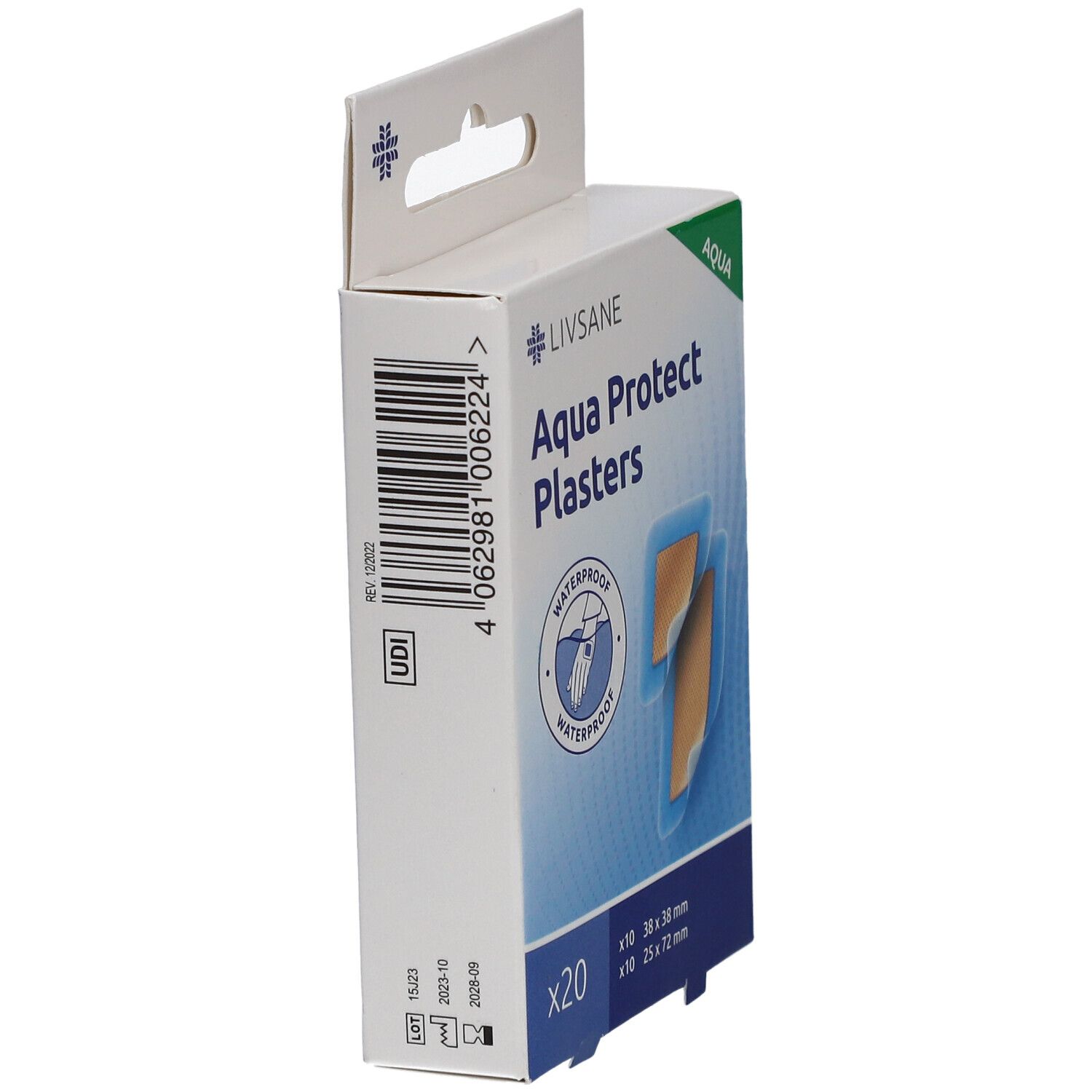 Vue latérale de la boîte. Pansements LIVSANE Aqua Protect. Code-barres et code UDI. 20 pièces.