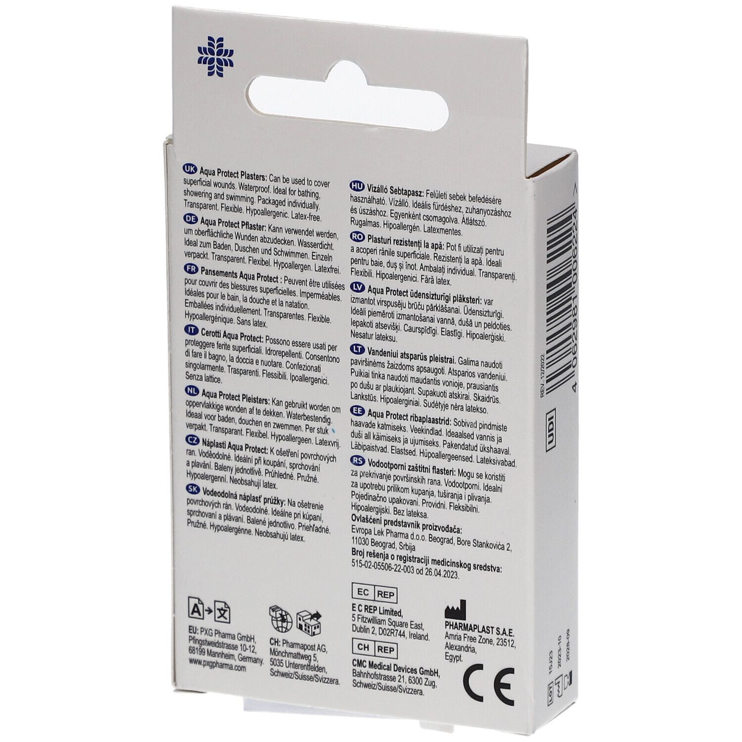 Dos de la boîte. Texte multilingue. Informations sur les pansements Aqua Protect de LIVSANE.