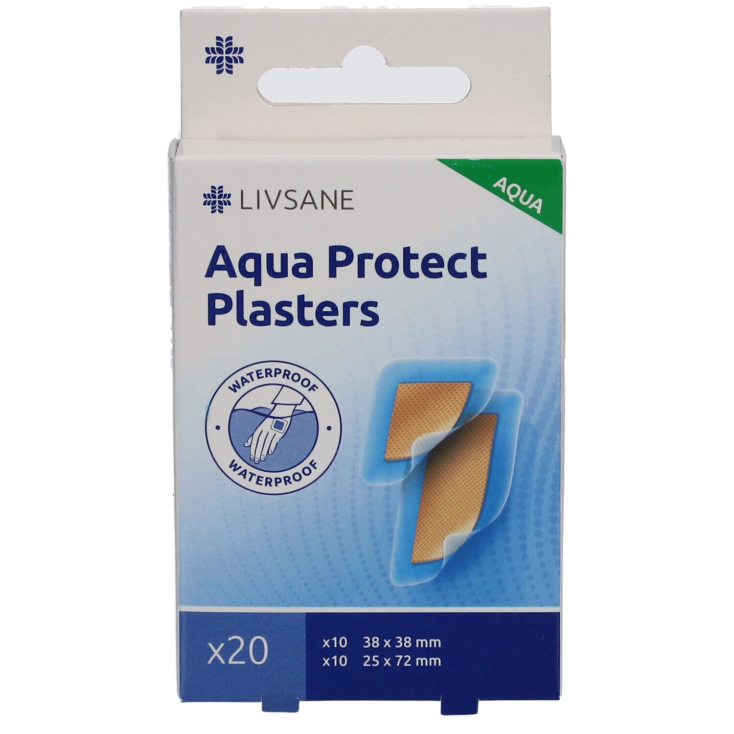 Boîte de pansements LIVSANE Aqua Protect. 20 pièces. Tailles : 38x38mm et 25x72mm. Résistant à l'eau.
