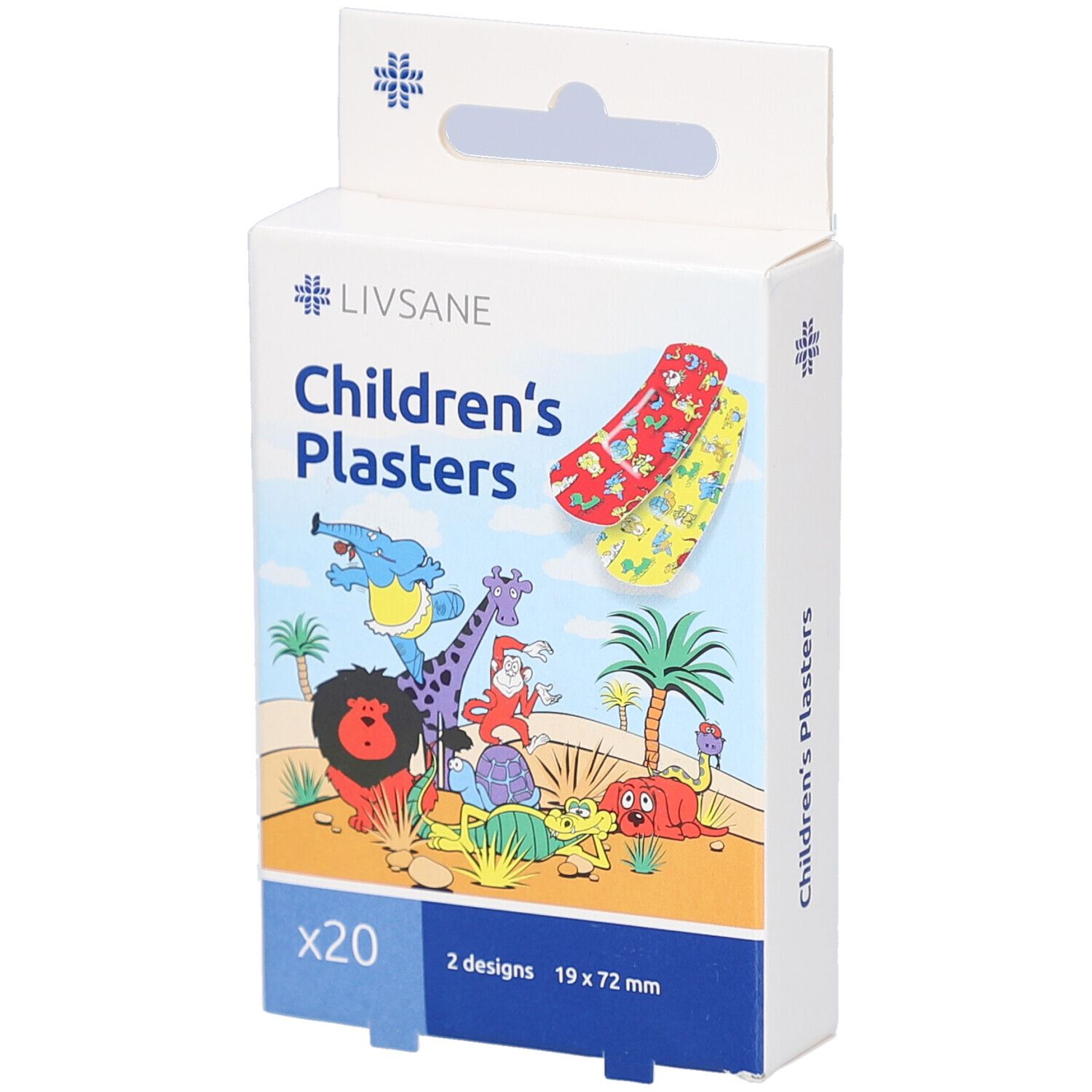 Verpakking kinderpleisters LIVSANE. 20 stuks, 2 designs, 19x72 mm. Met dieren. Doosje met ophangmogelijkheid.