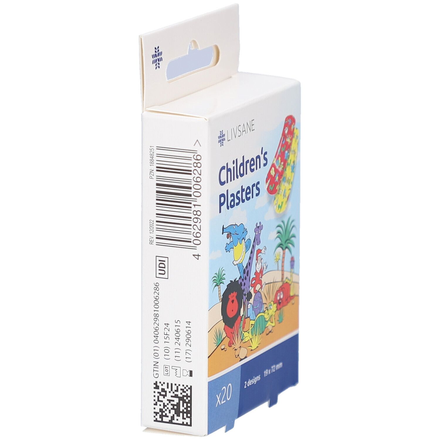 Zijaanzicht verpakking kinderpleisters. Merk LIVSANE. Tekst en barcode. Met ophangmogelijkheid.