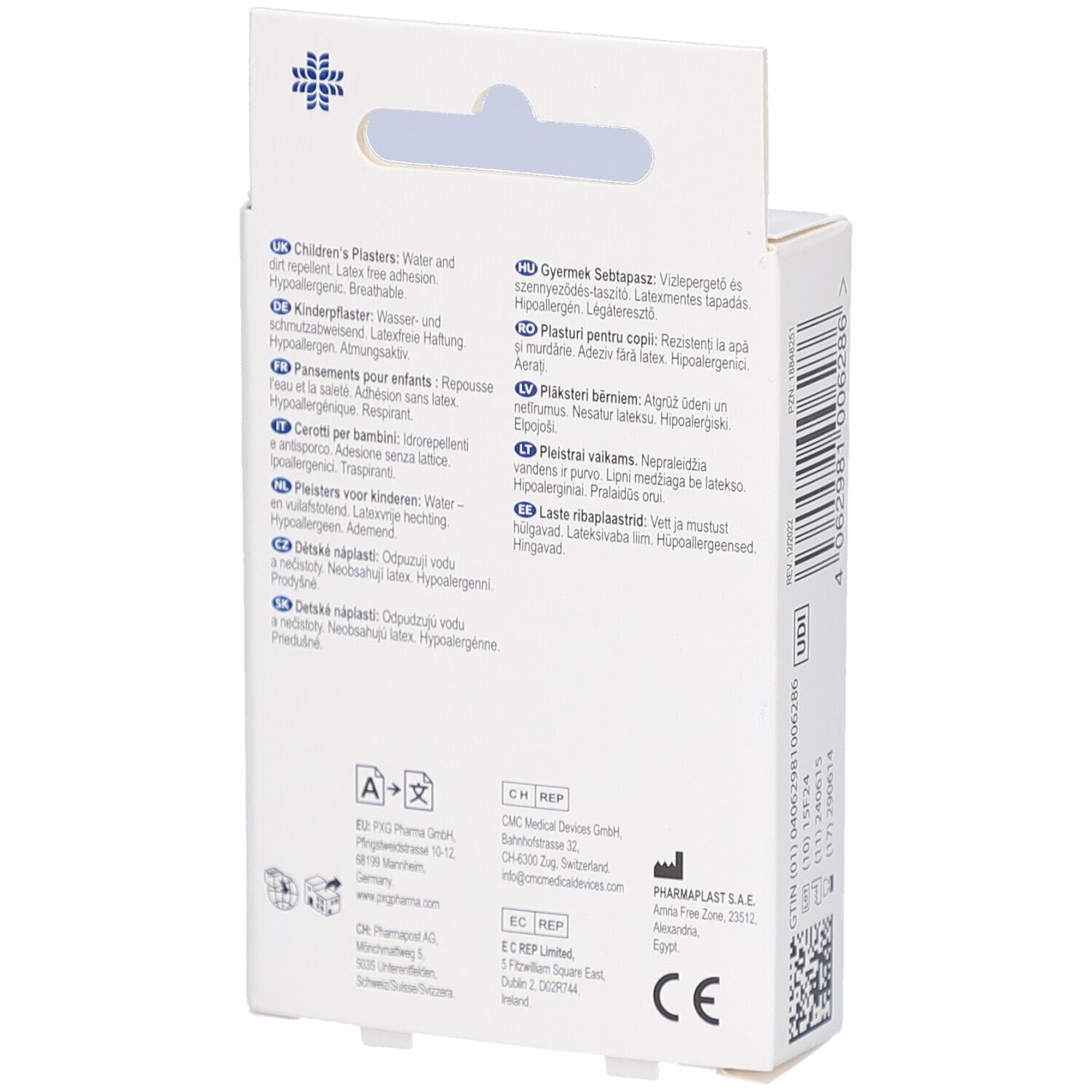 Achterkant verpakking kinderpleisters. Meertalige tekst. CE-markering.