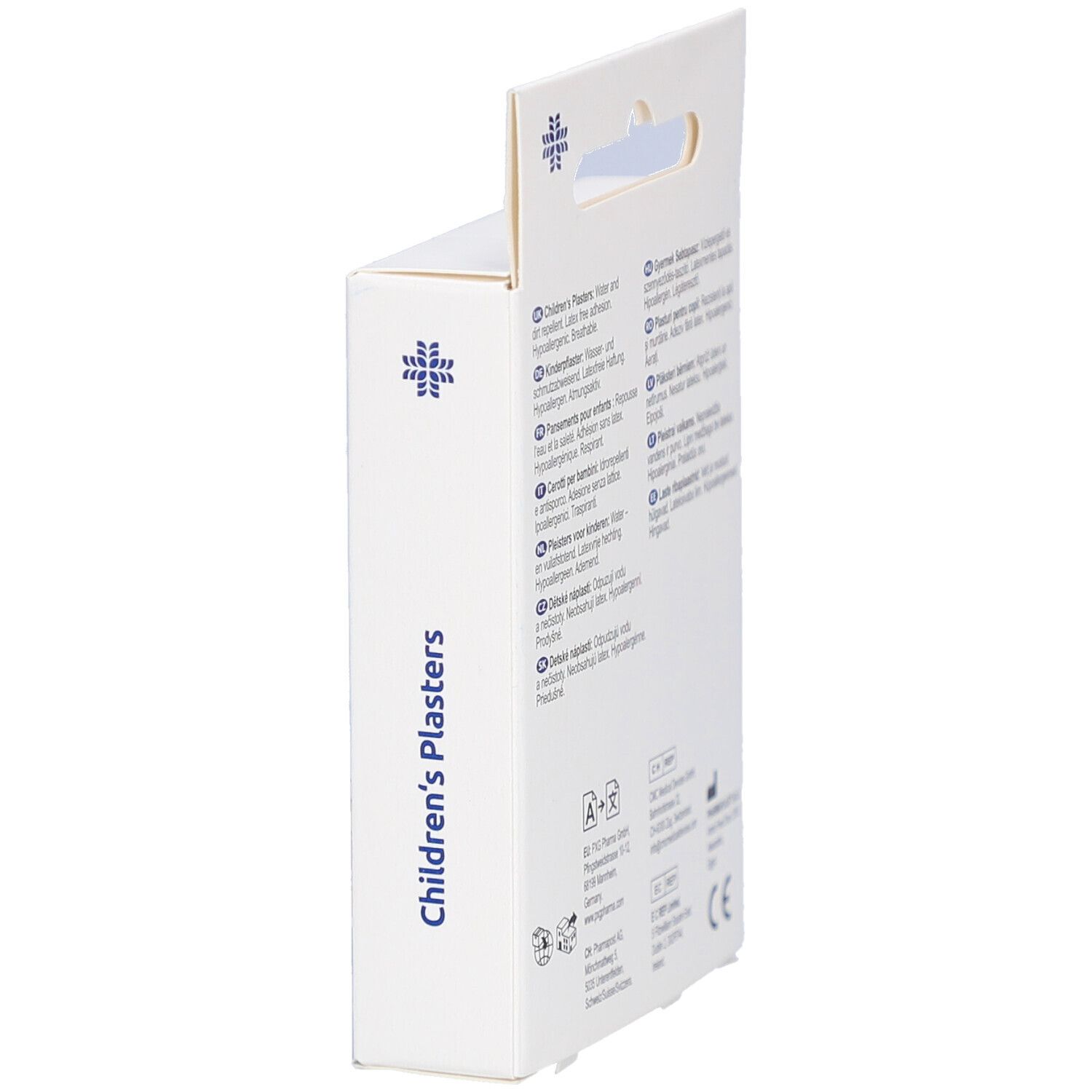 Zijaanzicht verpakking kinderpleisters. Tekst: Children's Plasters. Met ophangmogelijkheid.