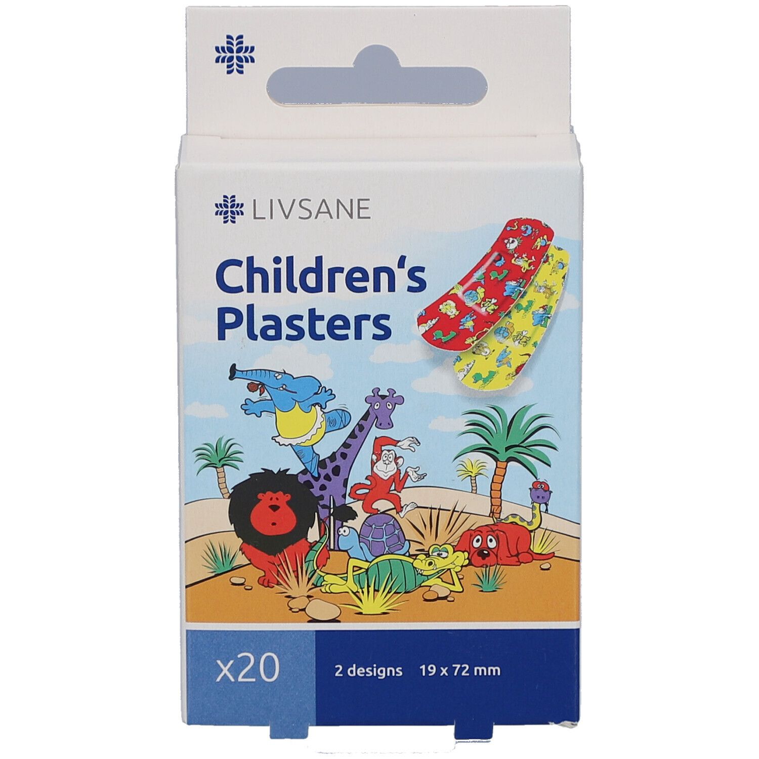 Verpakking kinderpleisters LIVSANE. 20 stuks, 2 designs, 19x72 mm. Met dieren. Doosje met ophangmogelijkheid.