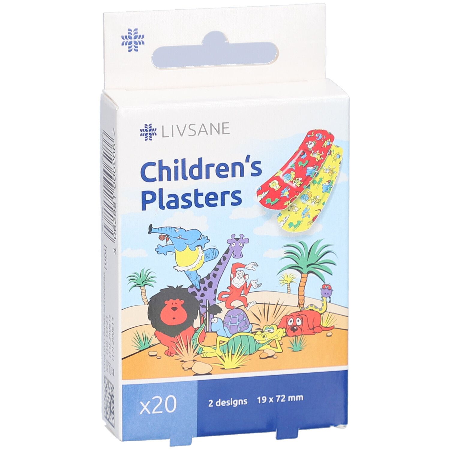 Verpakking kinderpleisters LIVSANE. 20 stuks, 2 designs, 19x72 mm. Met dieren. Doosje met ophangmogelijkheid.