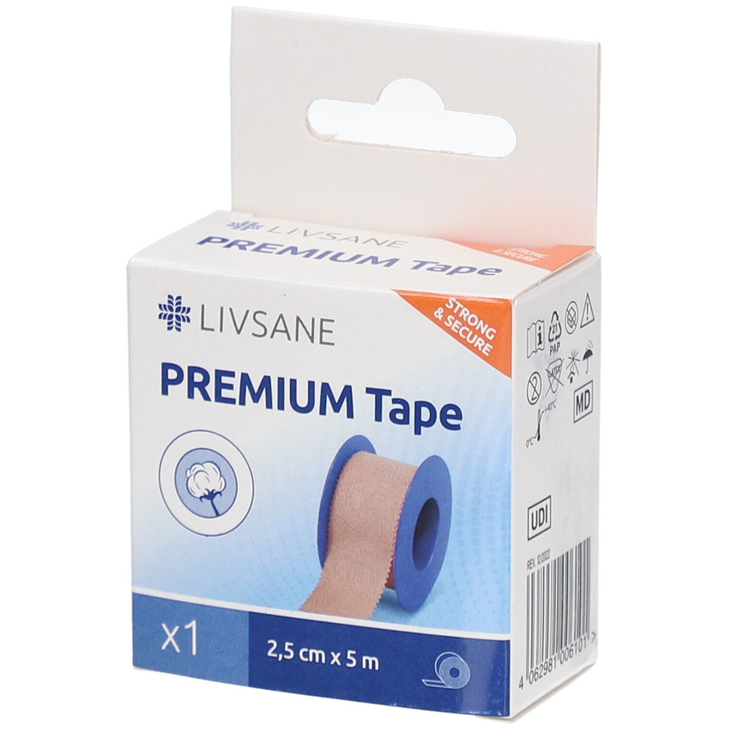 Emballage LIVSANE Premium Tape. Rouleau de ruban adhésif 2,5 cm x 5 m. Symbole coton. Marquage solide et sûr.
