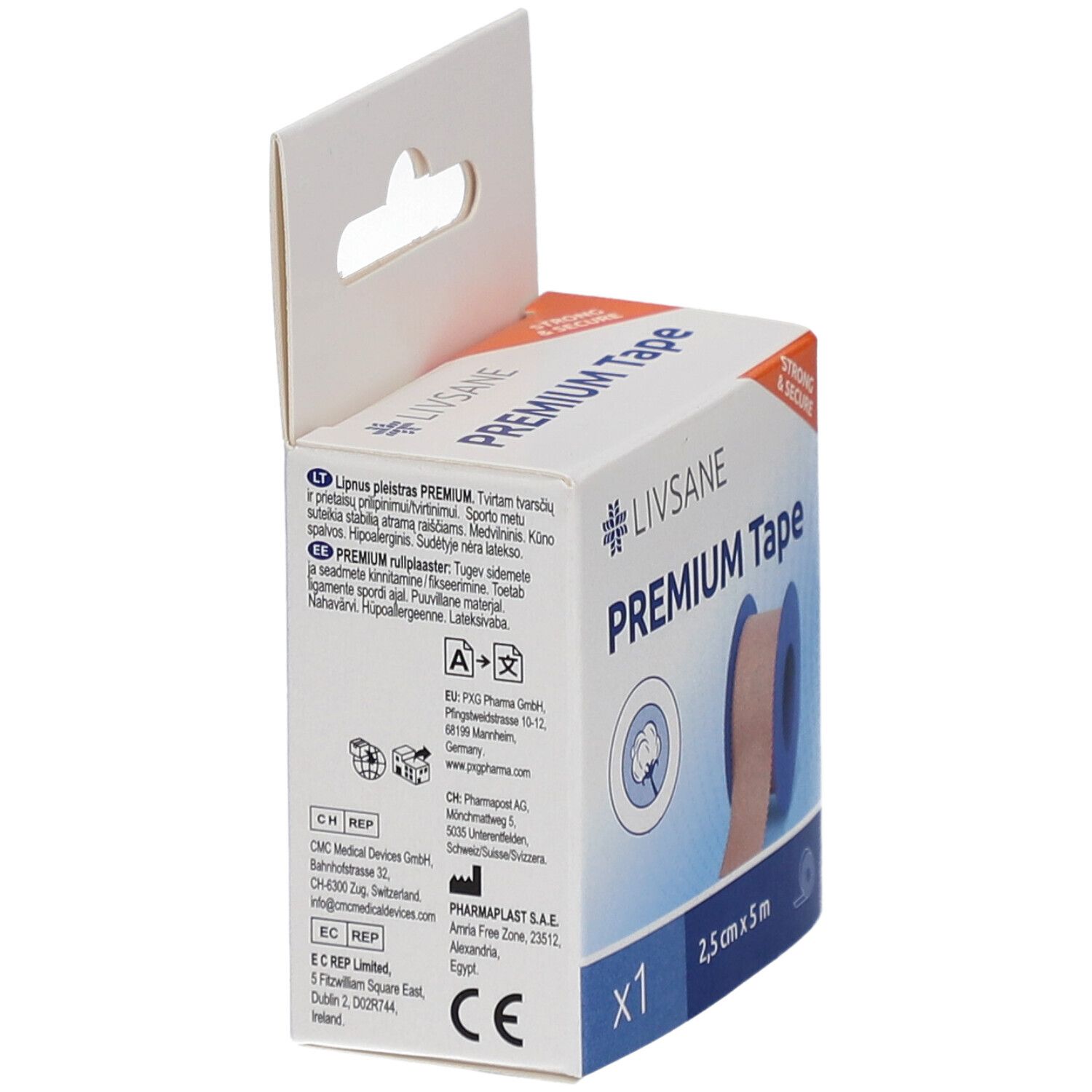 Emballage LIVSANE Premium Tape. Texte multilingue. Rouleau de ruban adhésif visible. Marquage CE.