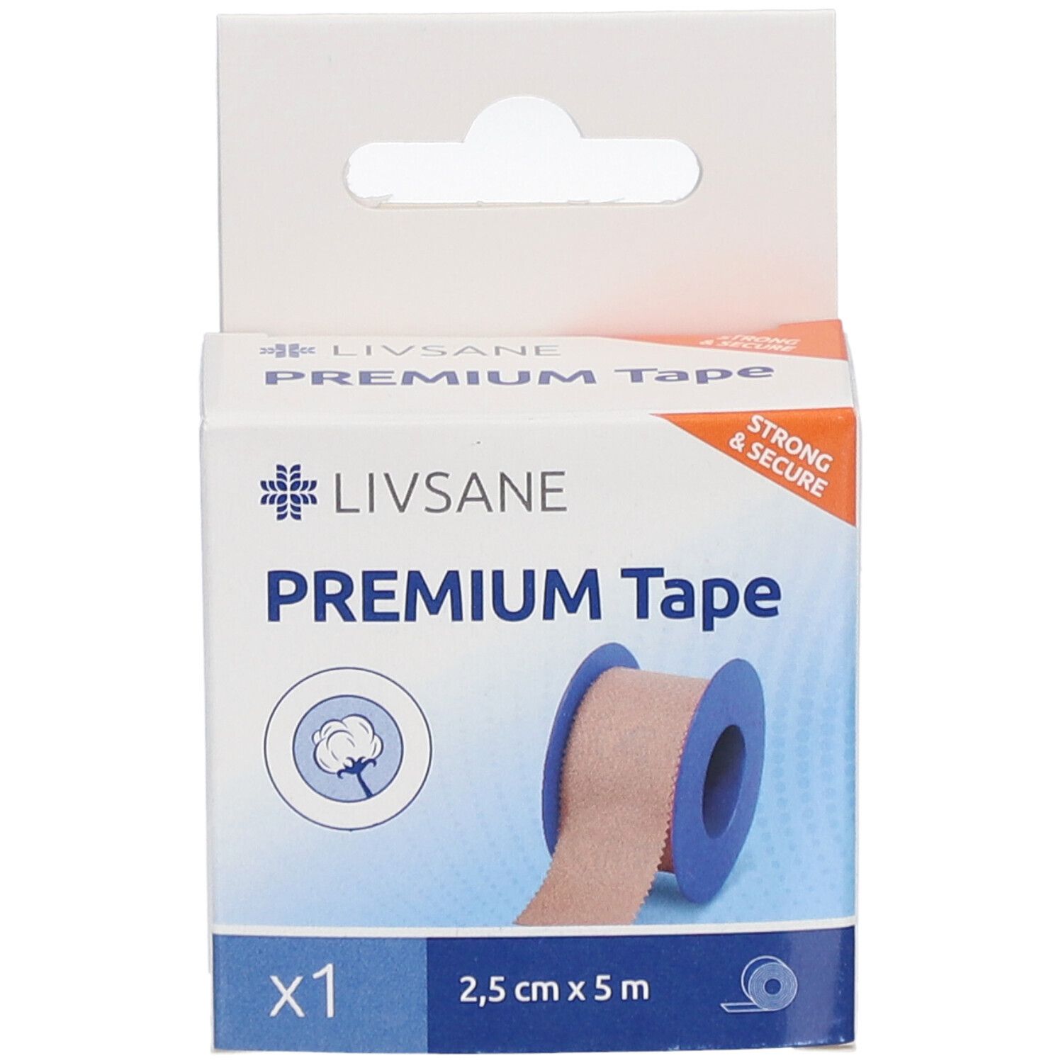 Emballage LIVSANE Premium Tape. Rouleau de ruban adhésif visible. Symbole coton. Marquage solide et sûr.