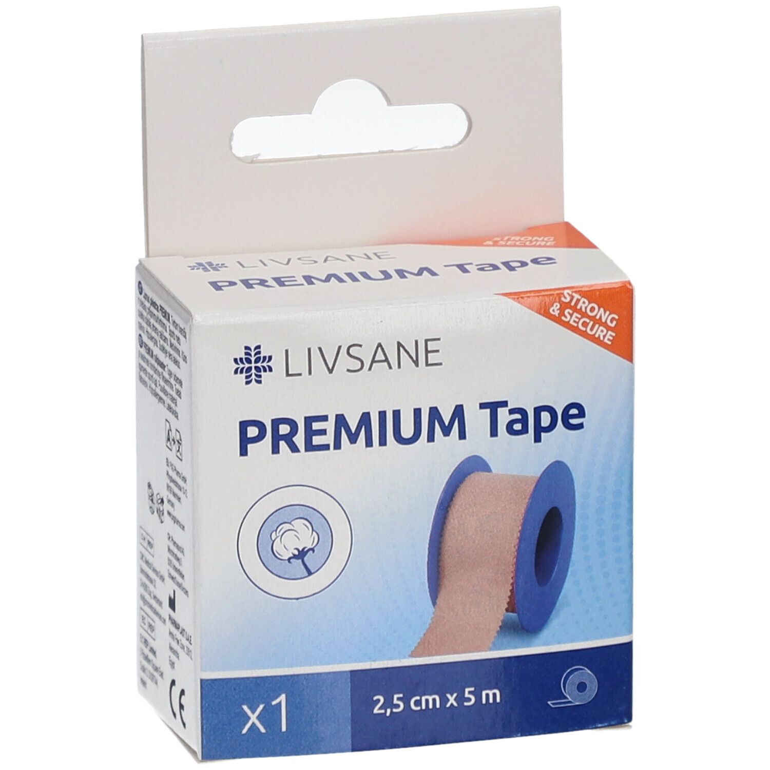 Emballage LIVSANE Premium Tape. Rouleau de ruban adhésif visible. Symbole coton. Marquage CE.