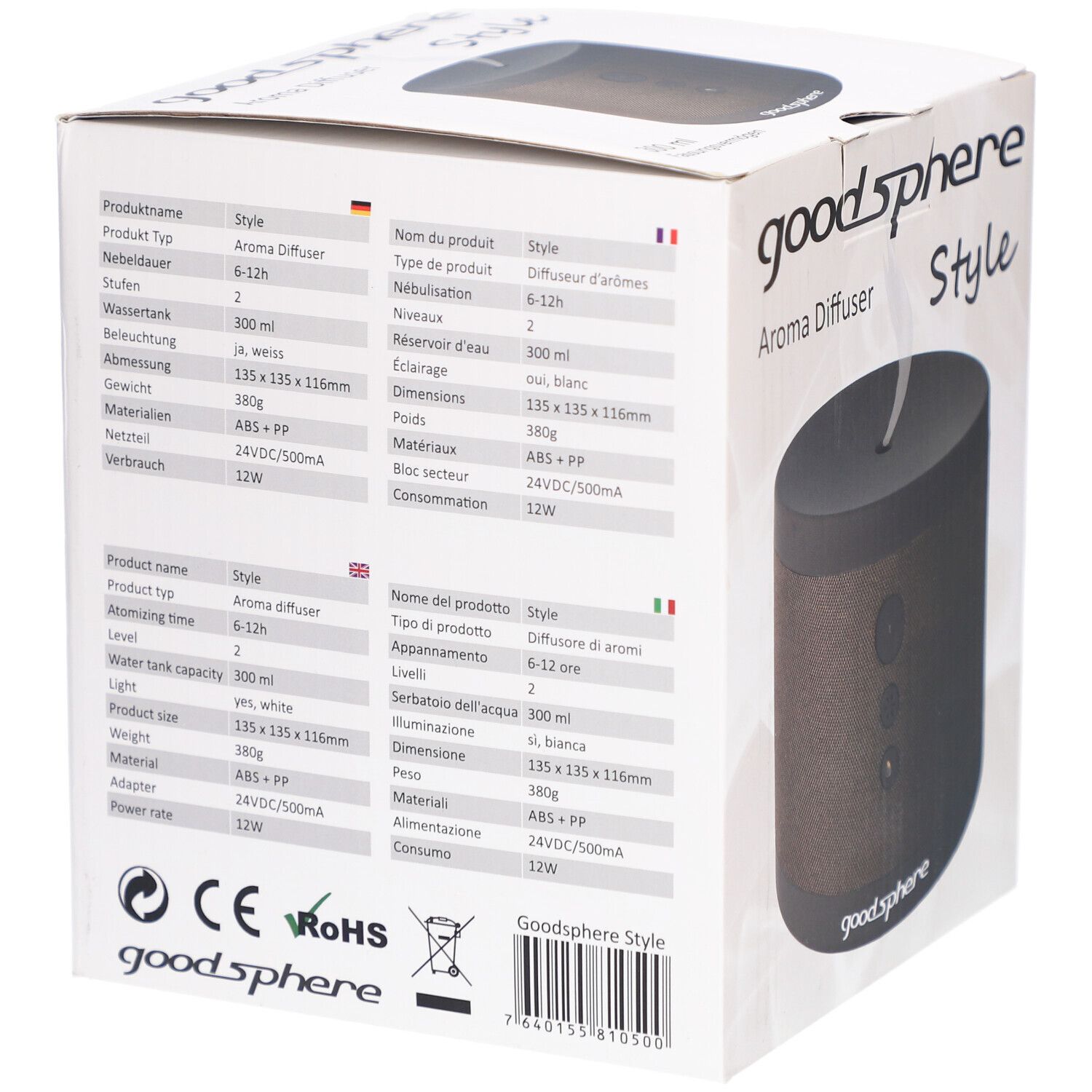 Achterkant van de productverpakking. Meertalige productinformatie: goodSphere, Aroma Diffuser, technische specificaties, CE-markering, RoHS.