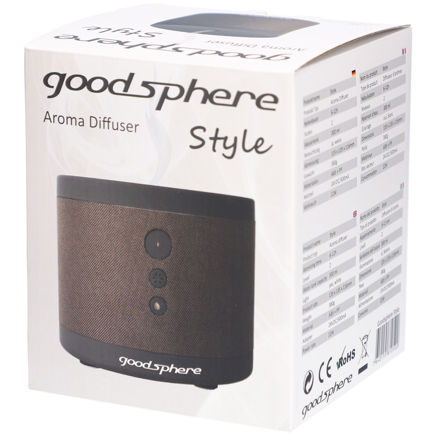 Productverpakking met aromaverspreider. Op de doos: goodSphere, Style. Product in bruin en zwart. Technische specificaties op de zijkant.