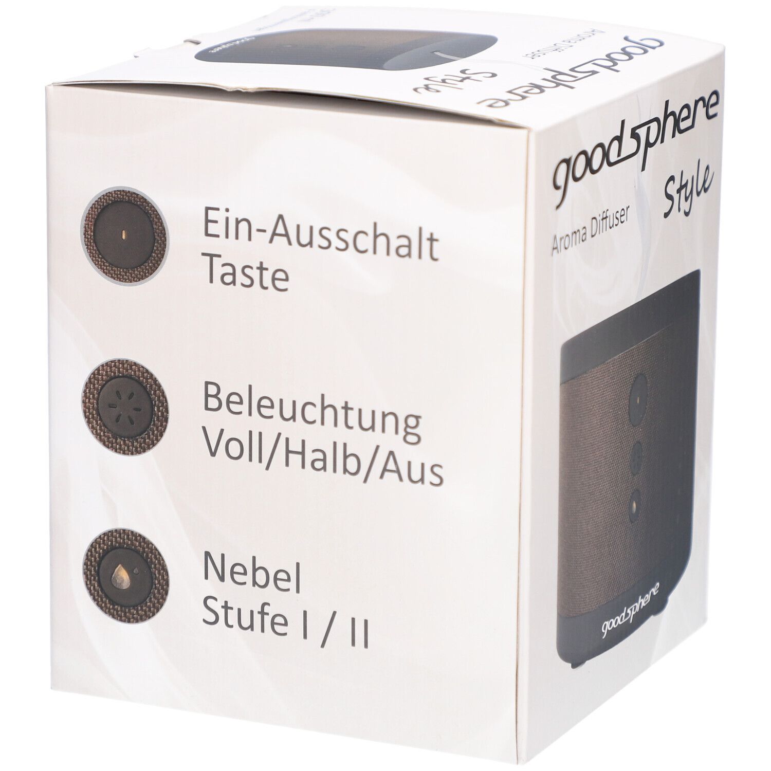 Productverpakking met aromaverspreider. Op de doos: goodSphere, Style, aan/uit-knop, verlichting, mistniveau. Product in bruin en zwart.