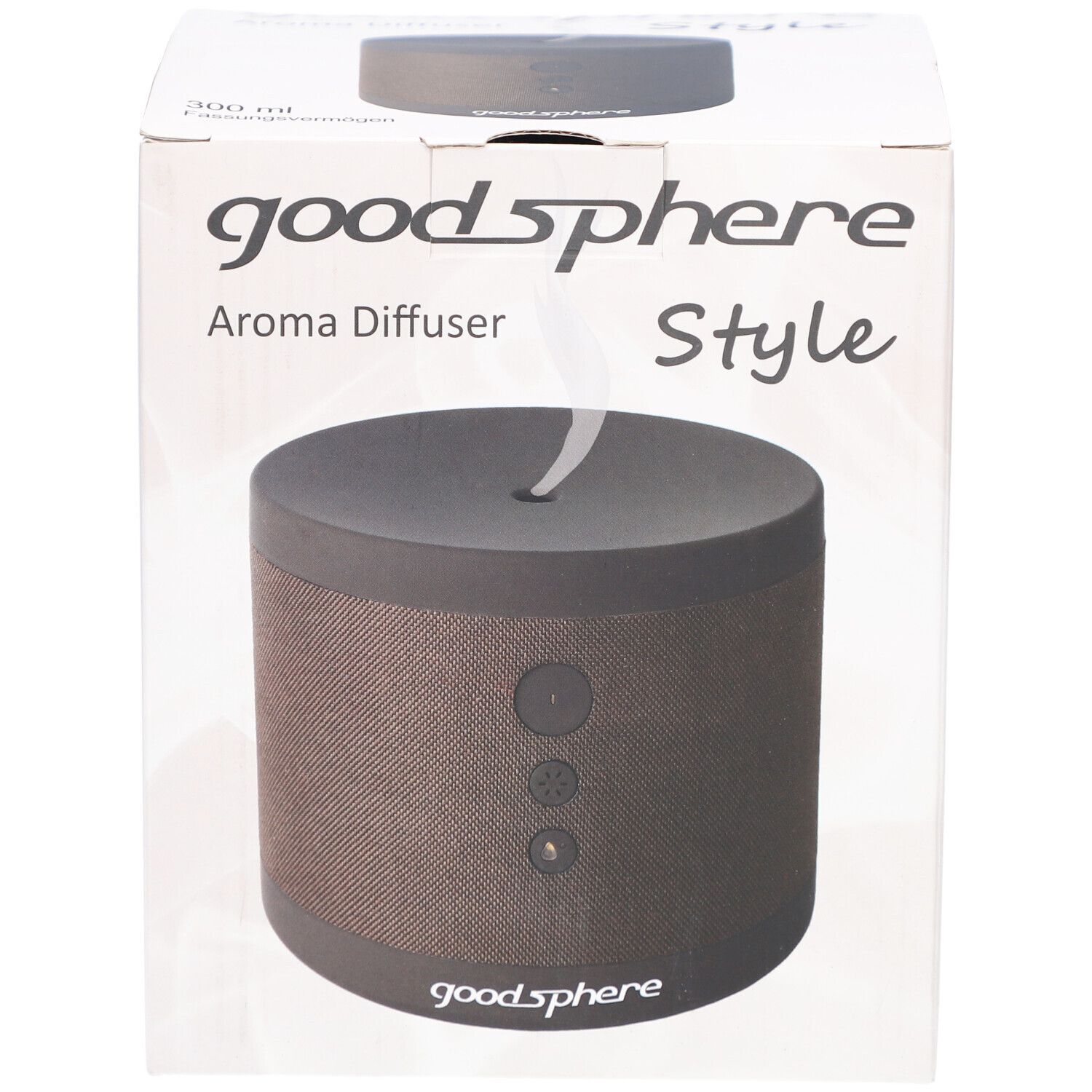 Aromaverspreider in verpakking. Op de doos: goodSphere, Style. Product in bruin en grijs. Bovenkant met opening.