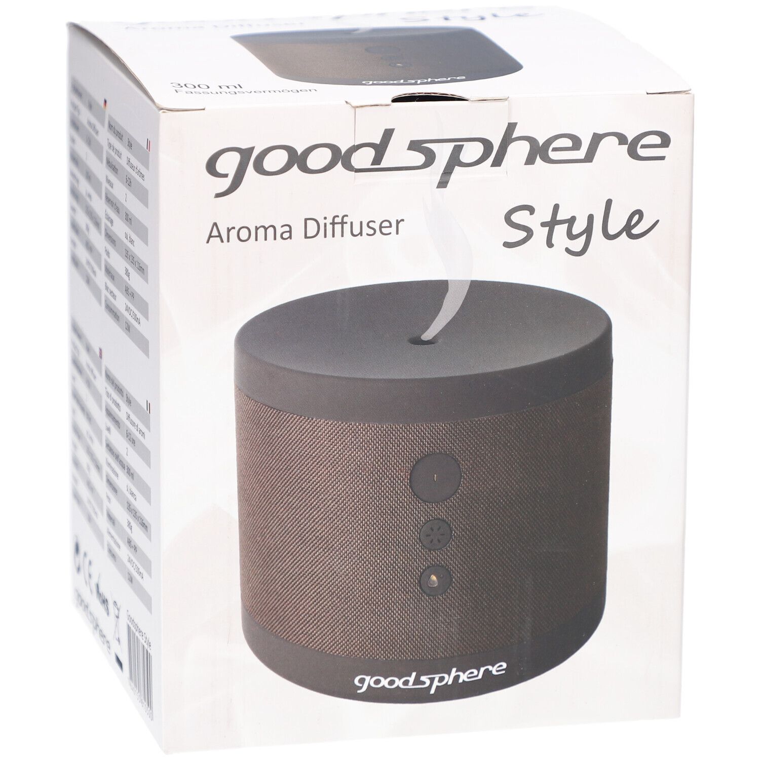Aromaverspreider in verpakking. Op de doos: goodSphere, Style. Product in bruin en grijs. Bovenkant met opening.
