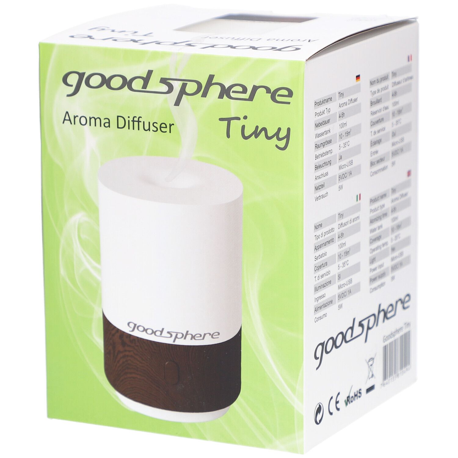 Diffuseur d'arômes Tiny, blanc et marron foncé, dans son emballage. Marque : goodsphere. Sur l'emballage : Aroma Diffuser, Tiny.