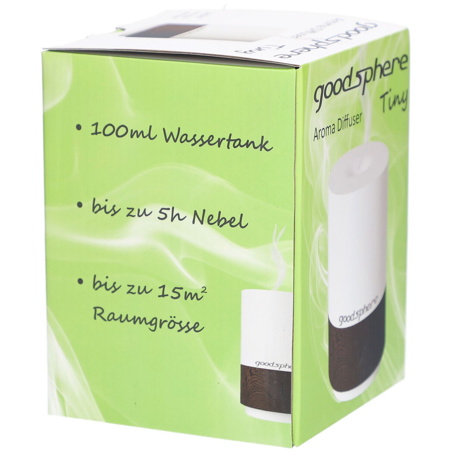 Emballage du diffuseur d'arômes Tiny. Inscriptions : réservoir d'eau 100ml, jusqu'à 5h de brume, jusqu'à 15m² de surface. Marque : goodsphere.