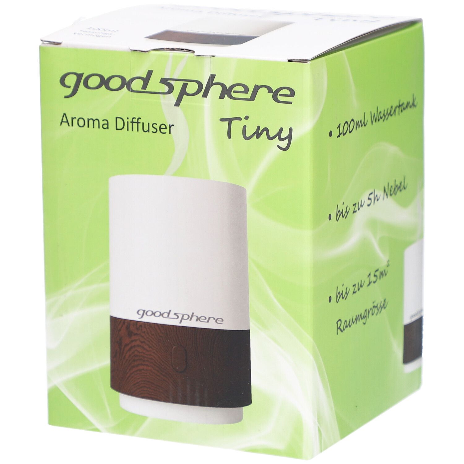 Emballage du diffuseur d'arômes Tiny. Inscriptions : réservoir d'eau 100ml, jusqu'à 5h de brume, jusqu'à 15m² de surface. Marque : goodsphere.