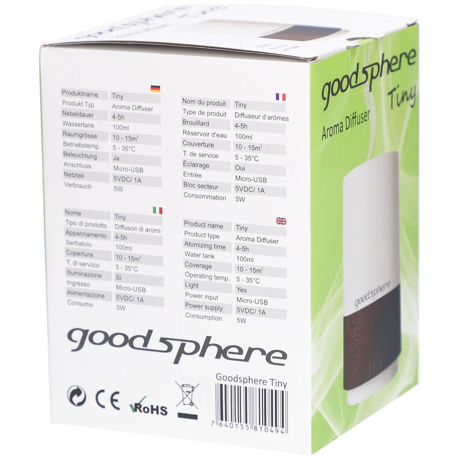 Dos de l'emballage du diffuseur d'arômes Tiny. Données techniques et informations en plusieurs langues. Marque : goodsphere.